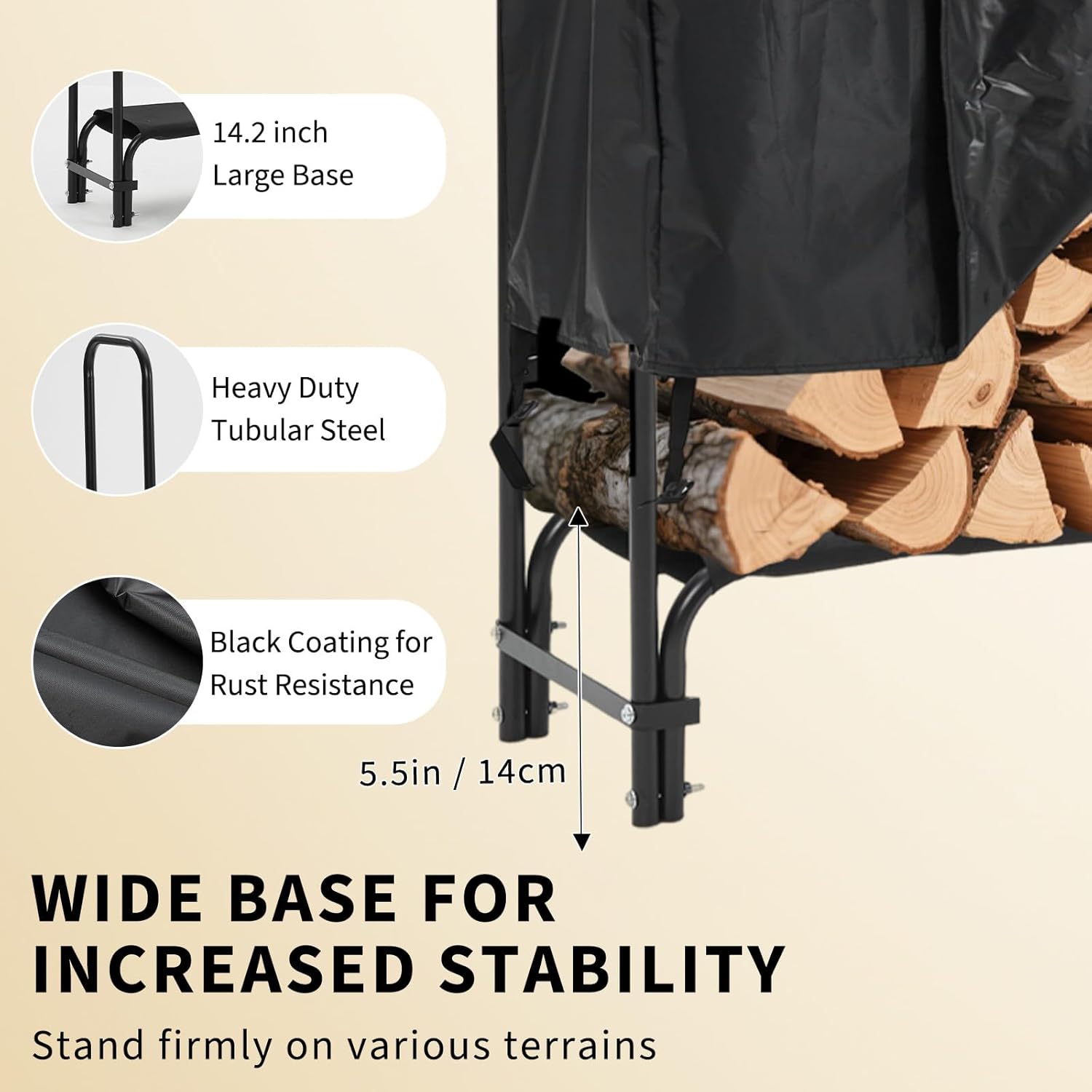 Garvee Heavy Duty 8 ft Firewood Rack Outdoor with Cover Large Steel Log Holder for Patio/Backyard, Weatherproof Wood Storage with Ventilated Design, Easy Assembly No Tools Needed