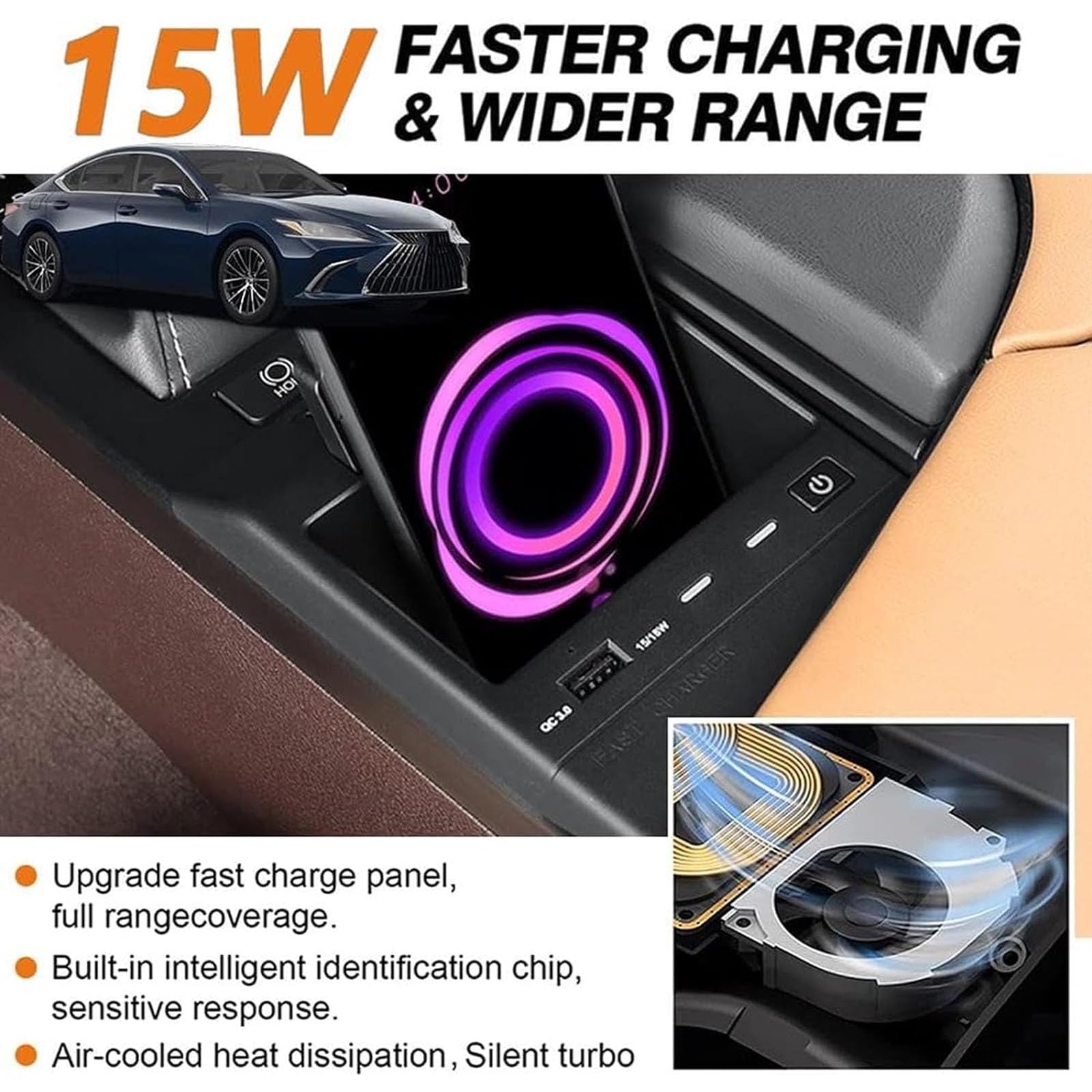 Cargador De Coche Inalámbrico para Lexus ES 2018-2022 Panel De Accesorios De Consola Central,Cargador De Teléfono De Carga Rápida Qi De 15 W Con Puertos USB para Cualquier Teléfono Habilitado p