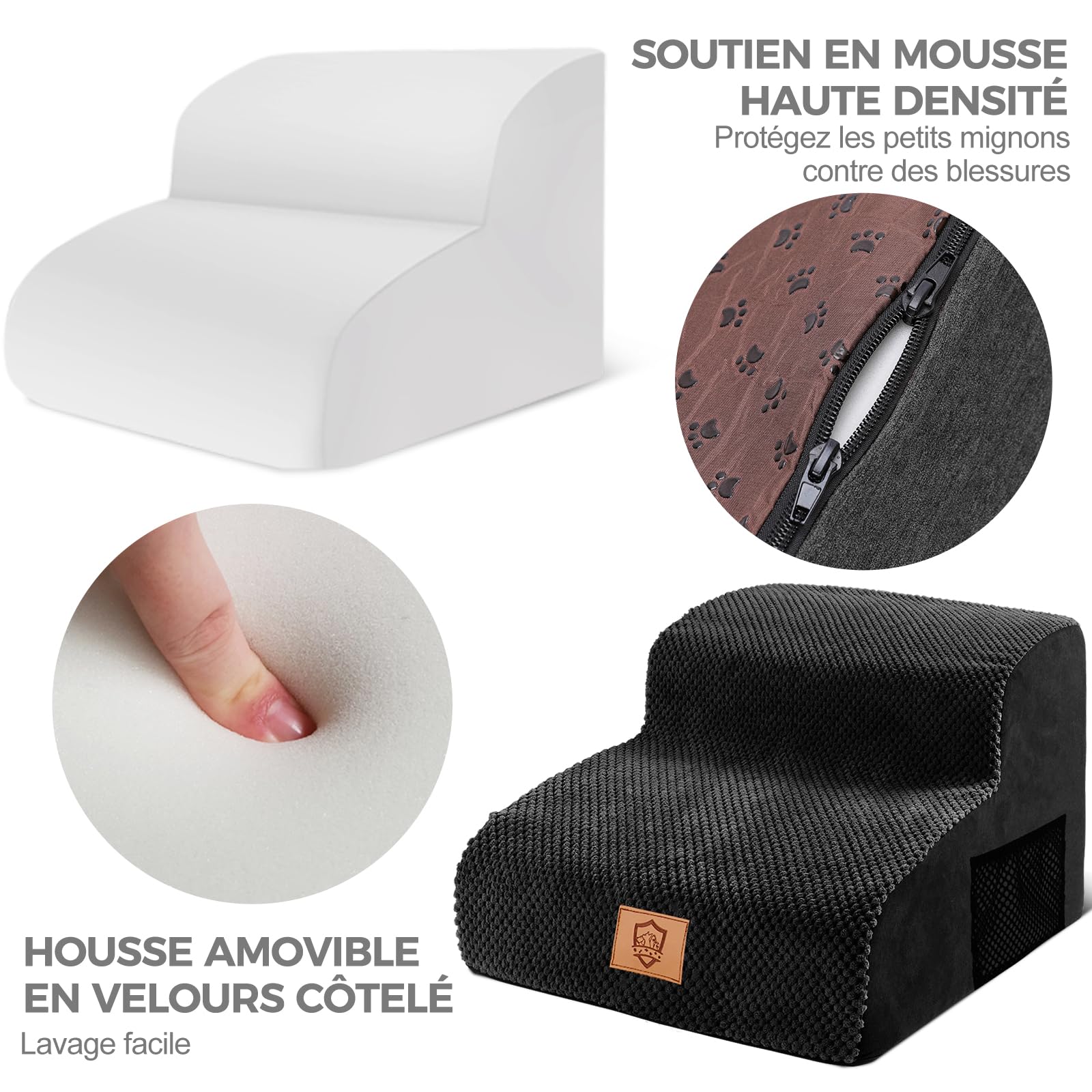 MASTERTOP Scale per Cani a 2 Gradini, Scale Antiscivolo per Animali Domestici in Spugna con Fodera Rimovibile e Lavabile, Rampes Cuccioli Inclinata per Divano Letto (Nero)