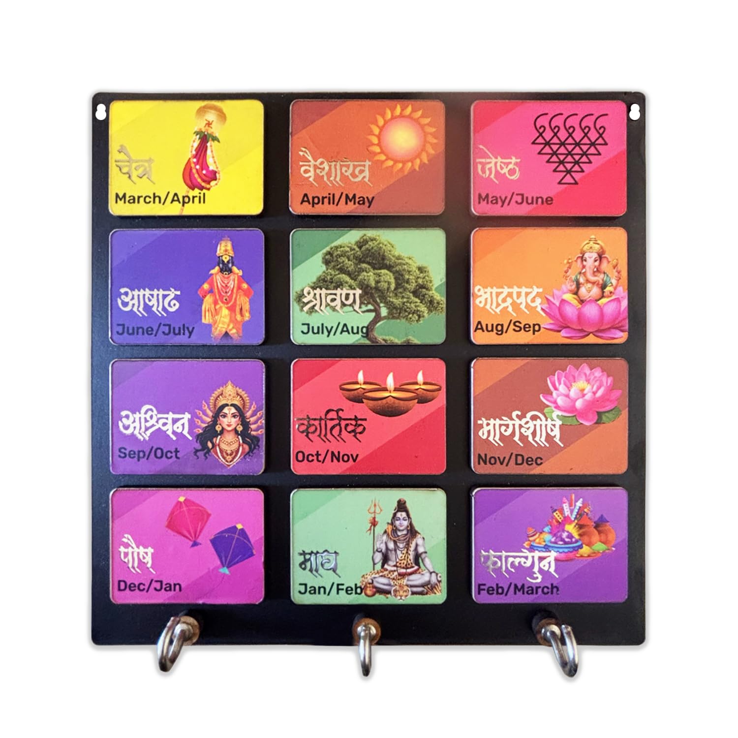 Marathi Calendar Key Holder, Month-Wise Hindu Calendar Artwork, MDF with vibrant digital print, Metal Hooks Organizer, Black, 6" x 6"-image-5