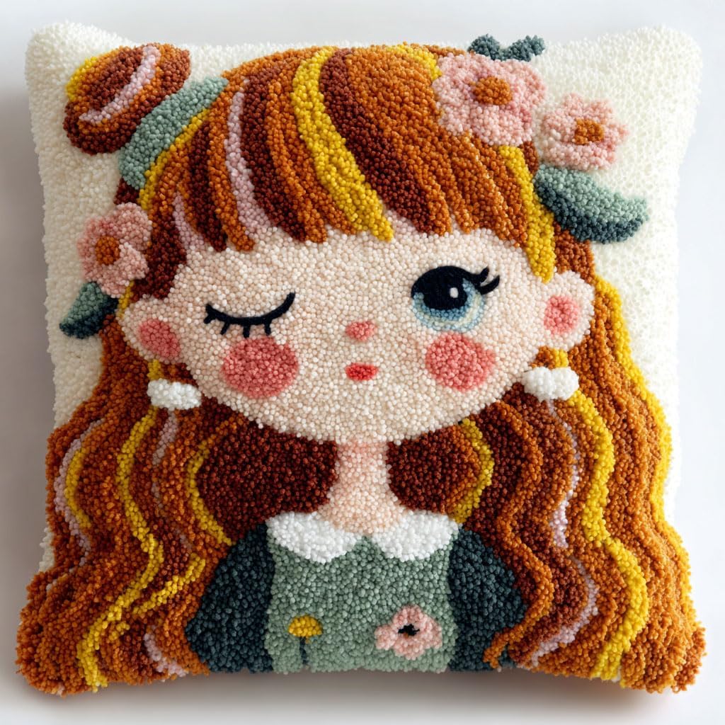 AMBATTERY Latch Hook Kits Pillow Cartoon Girl DIY Rug Crochet Hook Cushion Making Kits Printed Pattern Canvas Pillowcase Hooking Kit Pillow Cover Crochet Kit 43x43cm