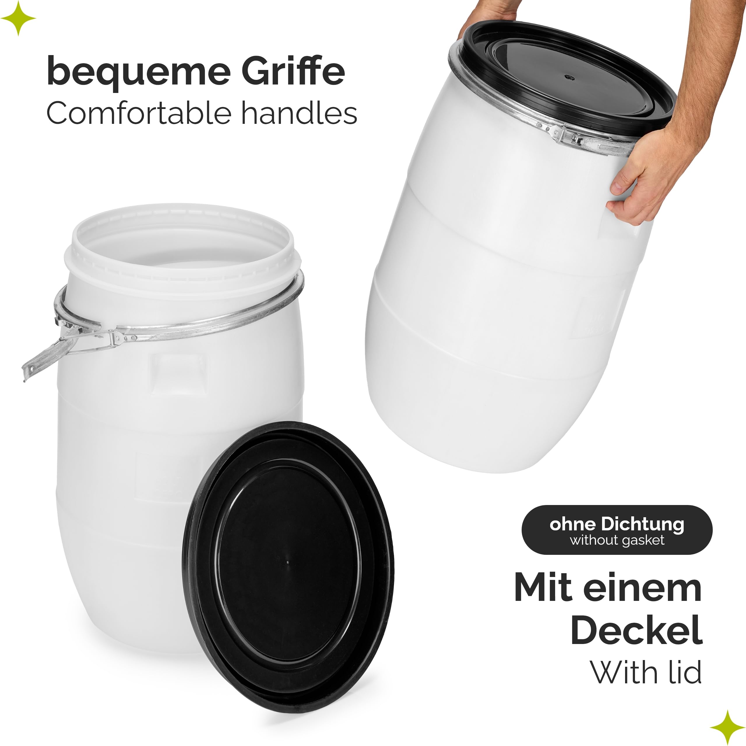Garronda Set 2x 60 Liter Deckelfass Weithalsfass aus HDPE Regenfass für Garten Fass 60l Wassertonne Futtertonne Wasserbehälter Universalfass Wasserfass Lebensmittelfass Wassertank GD-0122, Weiß