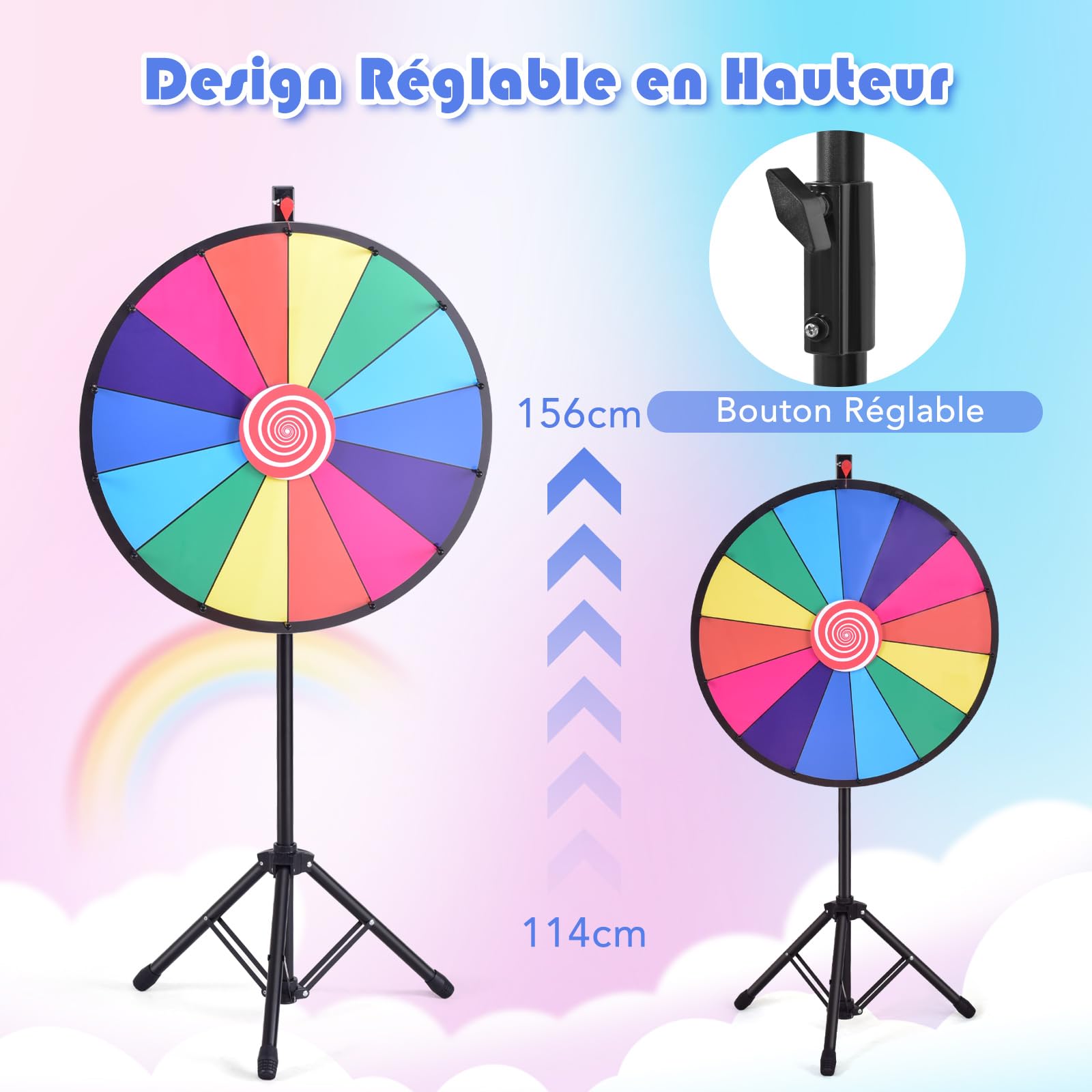 GOPLUS Roue de la Fortune 24 Pouces sur Pied, Prize Wheel 14 Grilles, Hauteur Réglable, avec Stylo Effaçable, Gomme et Pointeur, Trépied Stable et Antidérapant, pour Fêtes, Loterie et Activités