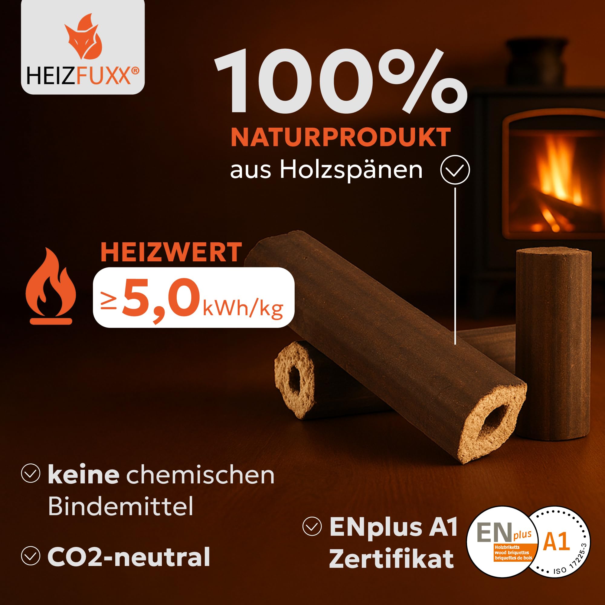 HEIZFUXX Holzbriketts PiniKay Octagon - Hartholzbriketts Palette 960 kg (96x10 kg) - Briketts mit Zugloch für Kamin, Heizkessel & Ofen - Schnell entzündbar, hoher Heizwert & geringer Aschegehalt