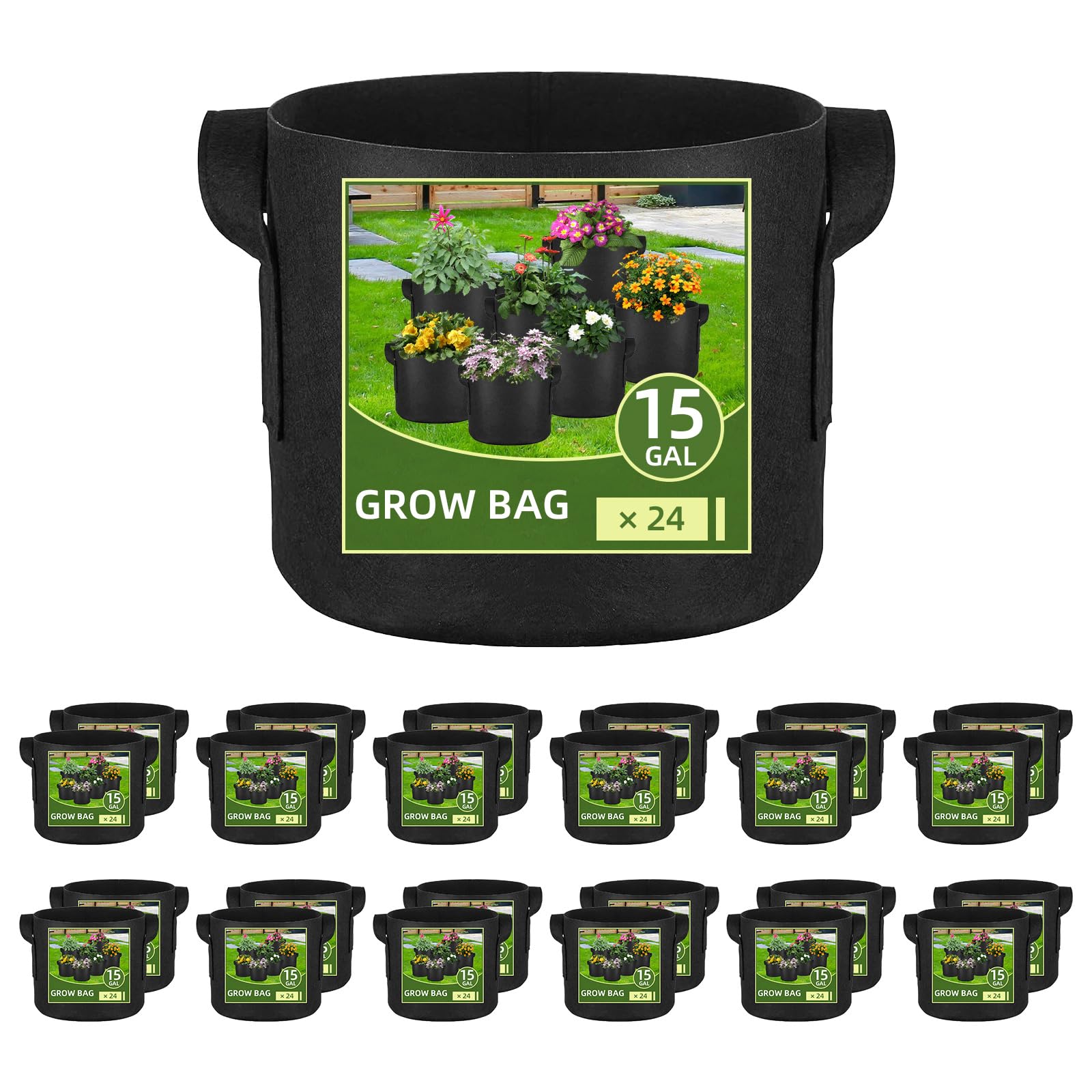 Paquete de 24 bolsas de cultivo de 15 galones, macetas de tela de aireación gruesa resistente con asas para verduras/flores/plantas