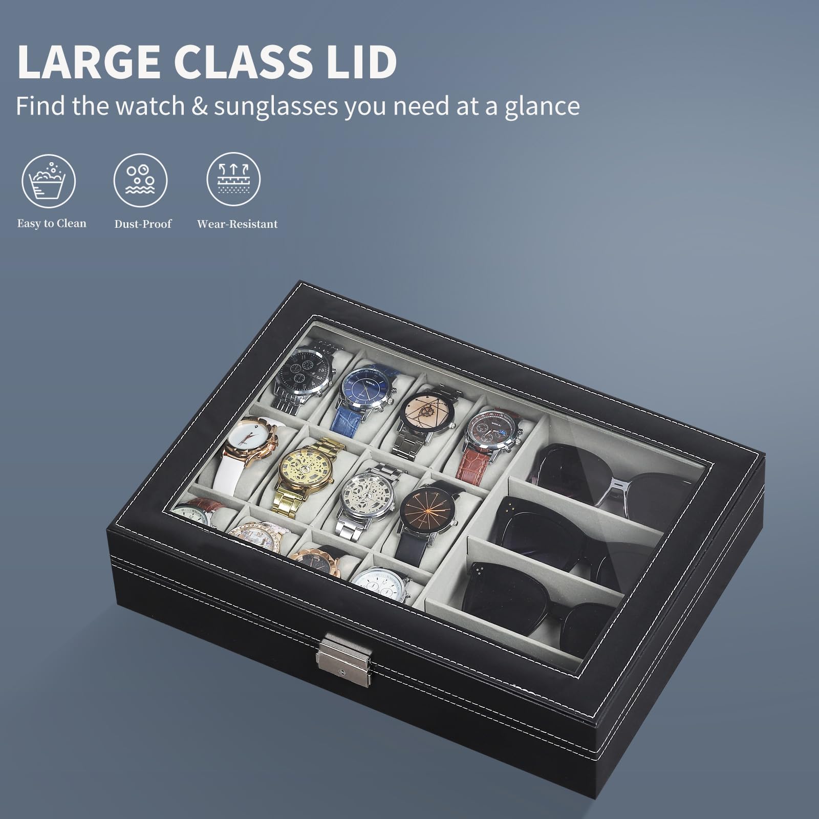 AUTOARK Caja de cuero para 12 relojes y organizador de lentes de sol de 4 piezas,para hombre y mujer,tapa grande de cristal,Negro,MKAW044