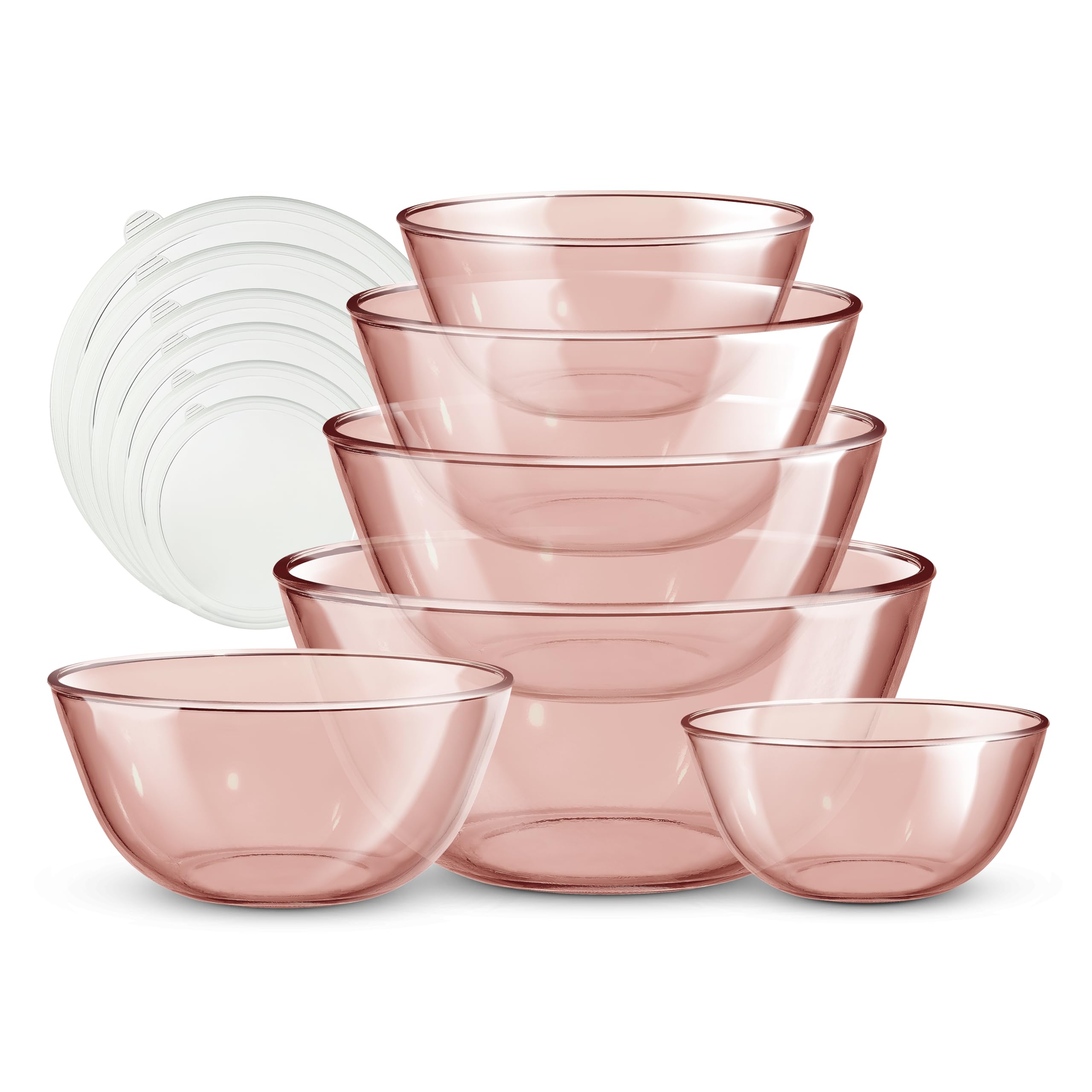 12 Pc Glass Mixing Bowl Set with Lids – Borosilicate Glass Nesting Bowls for Cooking, Baking and Meal Prep, Colored Pink