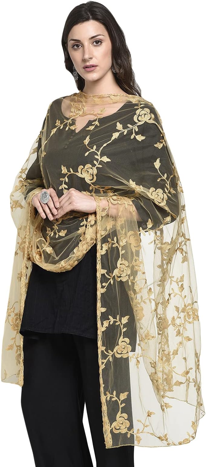 Women's Nylon Net Embroidered Dupatta (White, Free Size)