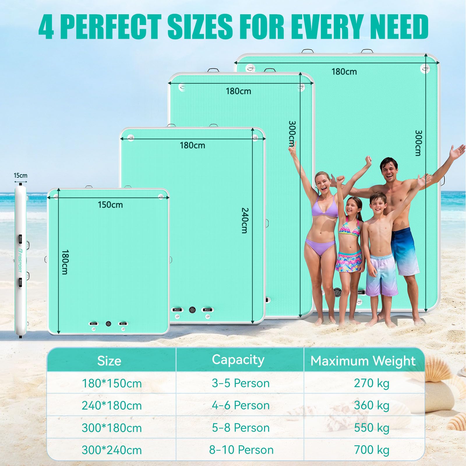 FBSPORT Piattaforma Galleggiante Gonfiabile - Isola d’Acqua per Più Persone, Tappeto Gonfiabile con Superficie Antiscivolo e Borsa, Dock Gonfiabile per Mare, Piscina e Lago