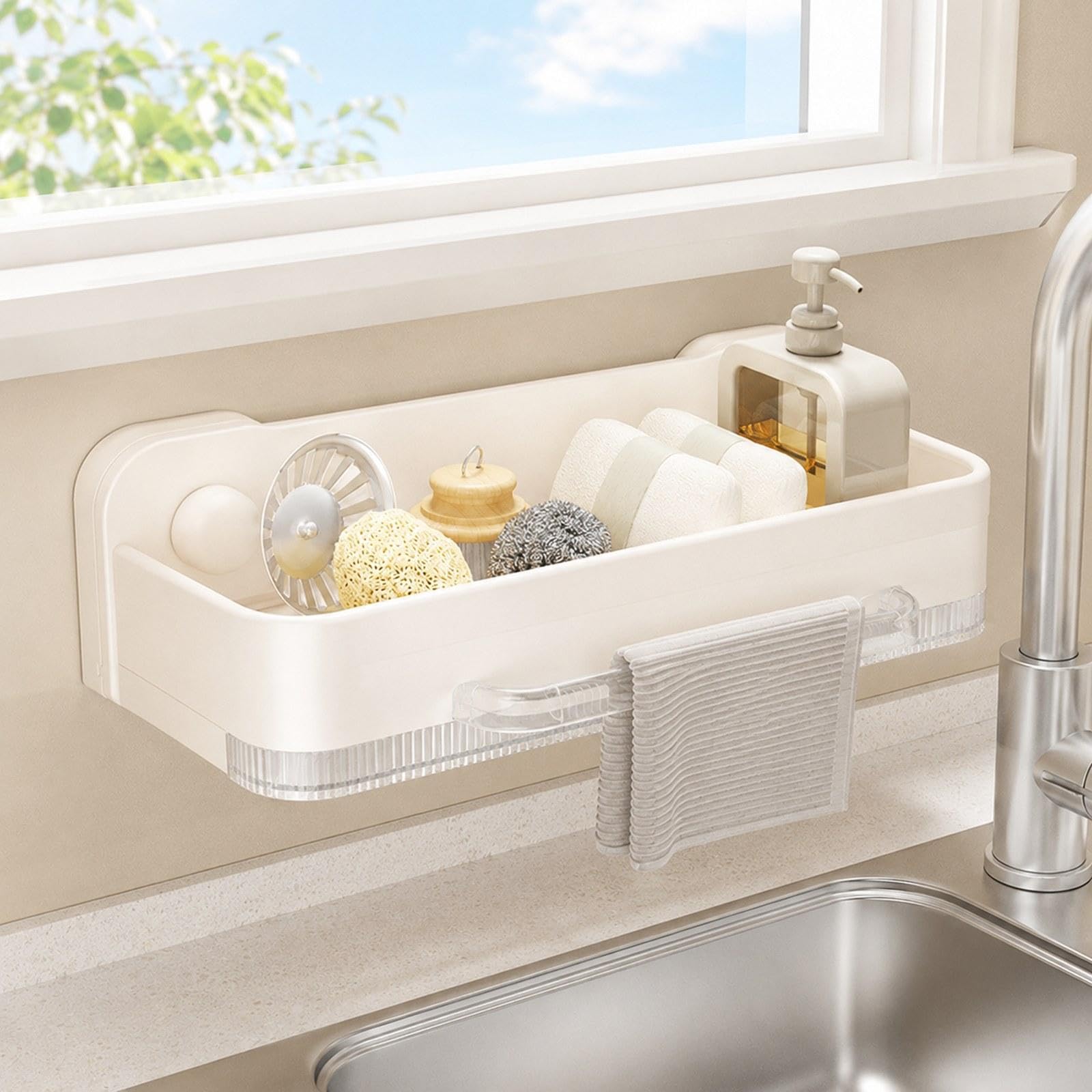 Porta Spugne a Ventosa, Organizer da Cucina, Dispenser per Lavastoviglie, Porta Spazzole, Porta Strofinacci, Scolapiatti, Bianco Crema