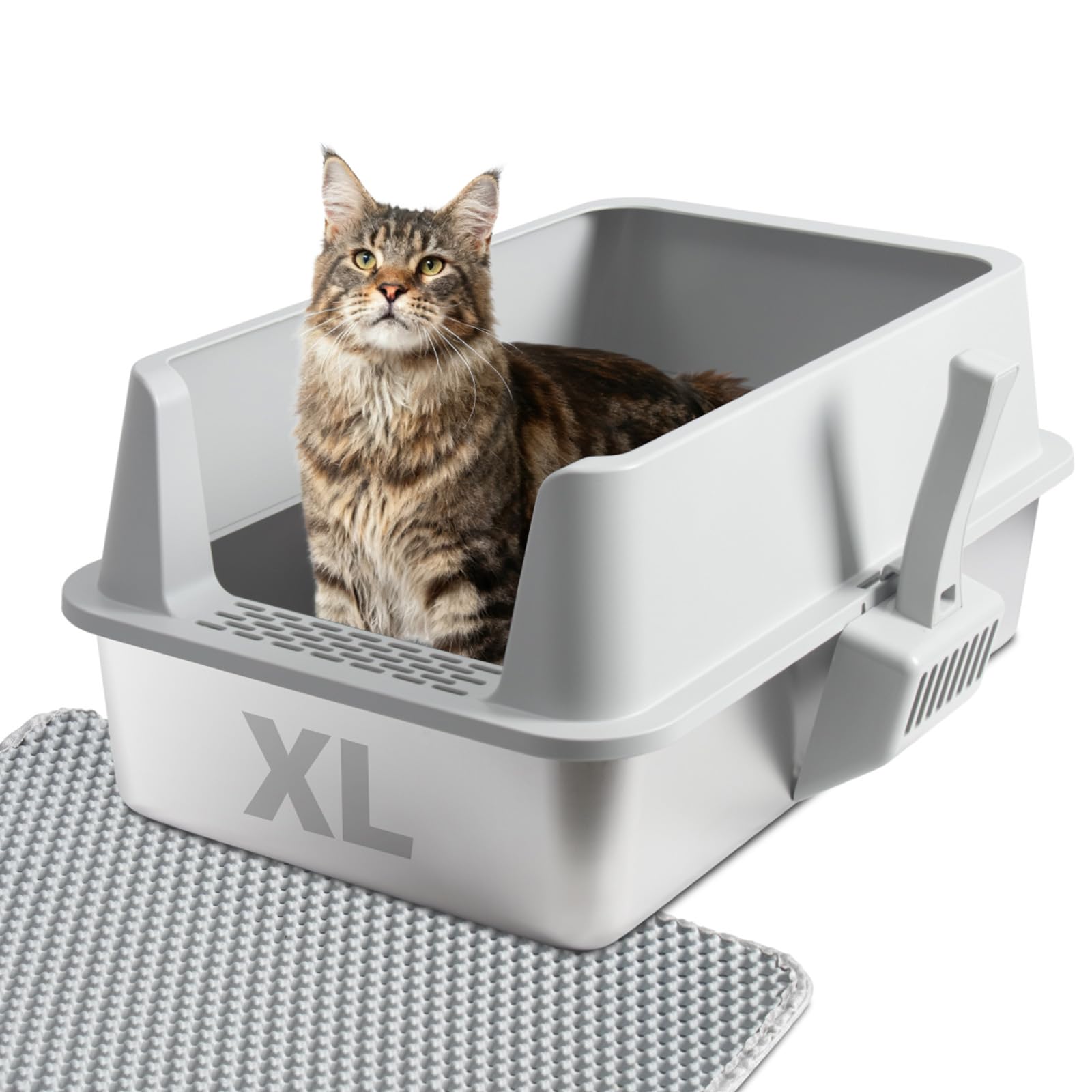 Stainless Steel Cat Litter Box with Lid, Large Metal Litter Box Stainless Steel with Mat & Scoop, Odor-Free/Anti-Leakage & Non-Stick/Easy Clean, High-Sided Litter Box for Multiple Big Cats(XL/Grey)