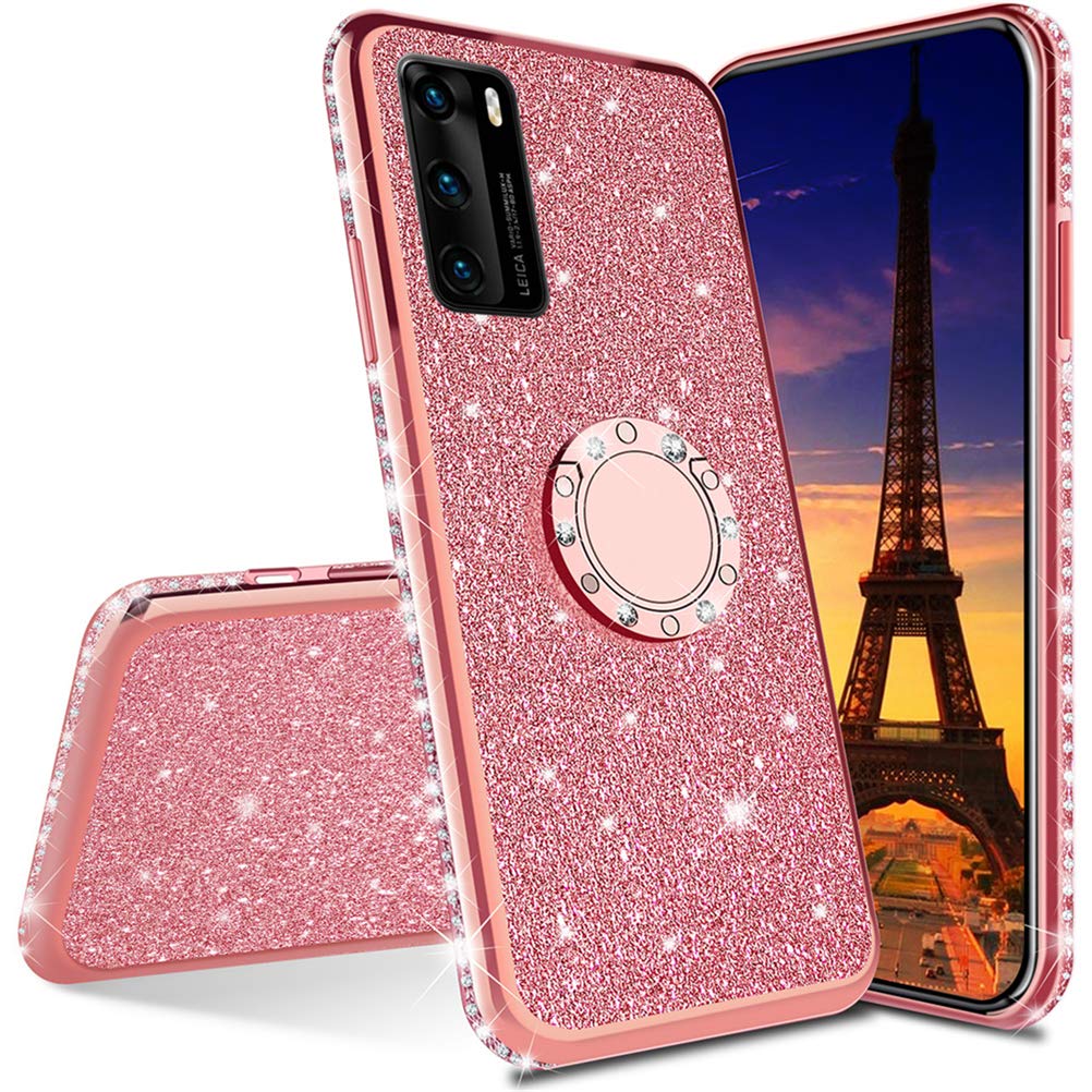 MEIKONST Case for Galaxy S21 Ultra, Stylish Bling Sparkly Diamond Luxury Plating Silicon TPU Soft Case with Ring Stand Holder Ultra Thin Protection Cover for Samsung Galaxy S21 Ultra,KDL Rose Gold