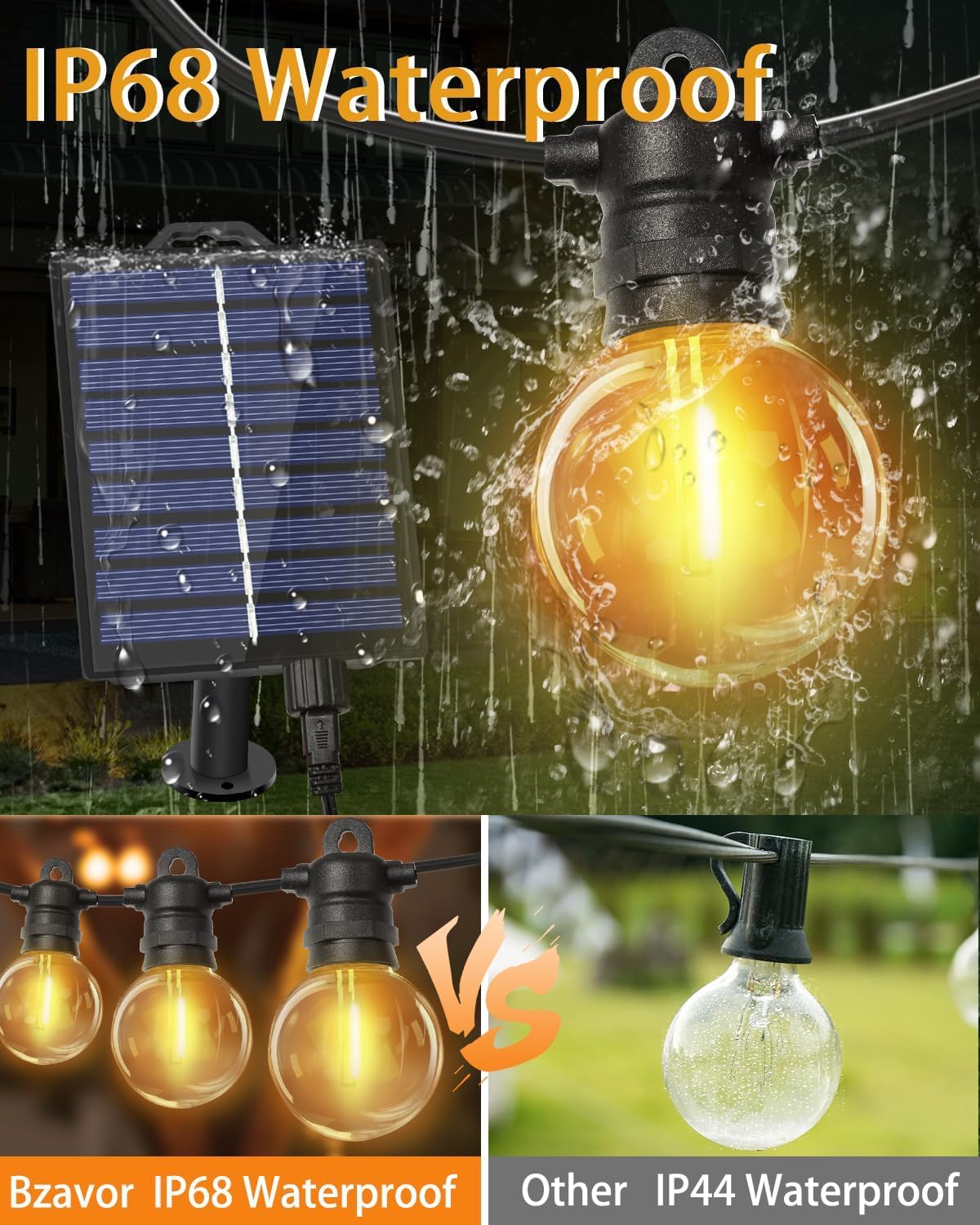 lP68 Cadena de luces LED para exteriores, bombillas G40, plástico ABS, cadena de luces para exteriores, solar, resistente al agua, para romántico, jardín, balcón (solar, 20 m, 34 bombillas)