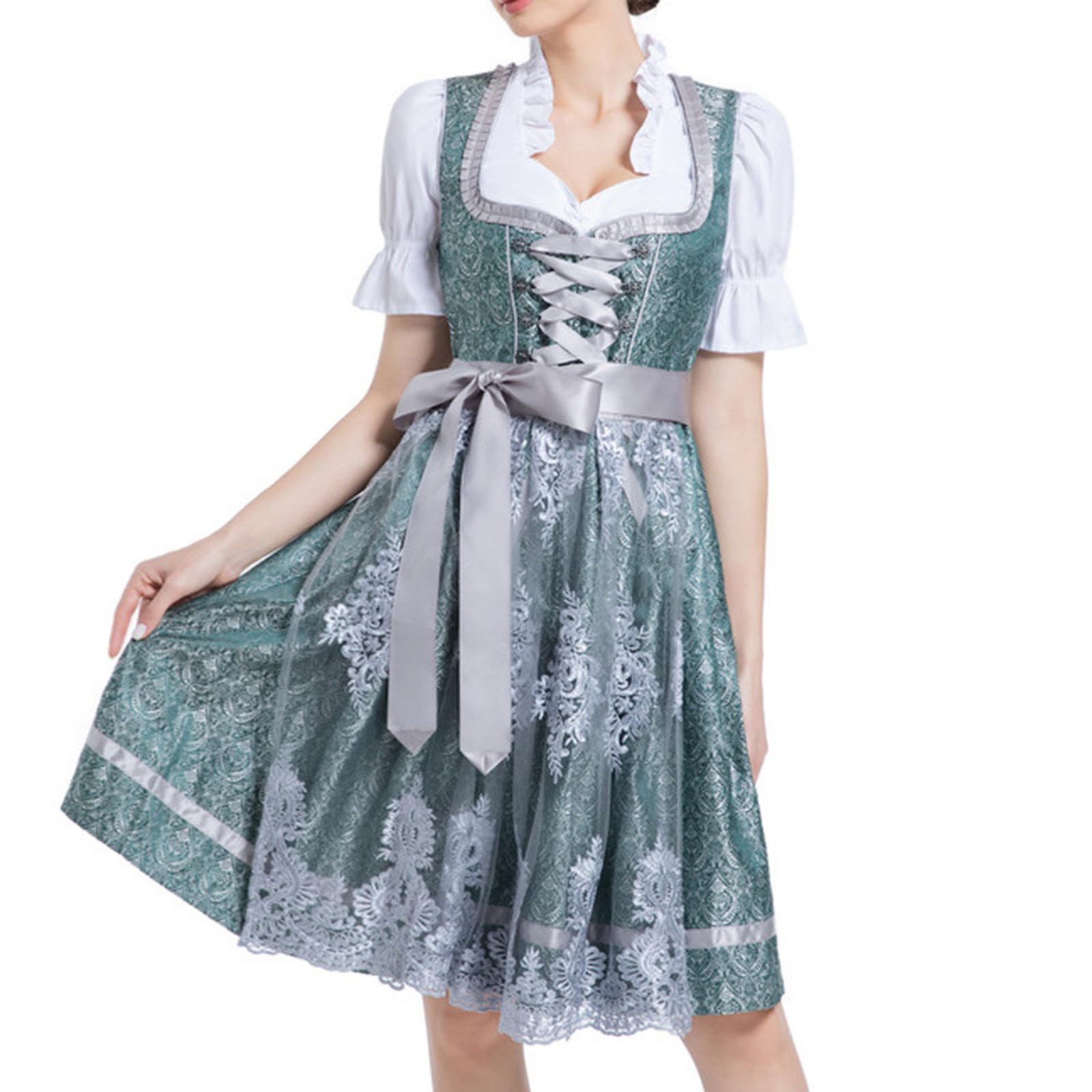 UHouse Dirndl Damen Midi Lang Dirndlkleid Spitzen Trachtenkleid Elegant Trachtenmode für Oktoberfest mit Spitzenschürze Trachtenrock inkl. Dirndlschürze Trachten Kleid