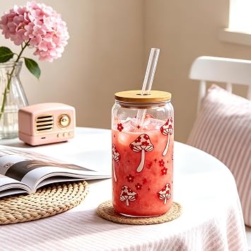 Coquette Cute Glass Cup with Lids and Straws 18OZ Mushroom Iced Coffee Cup