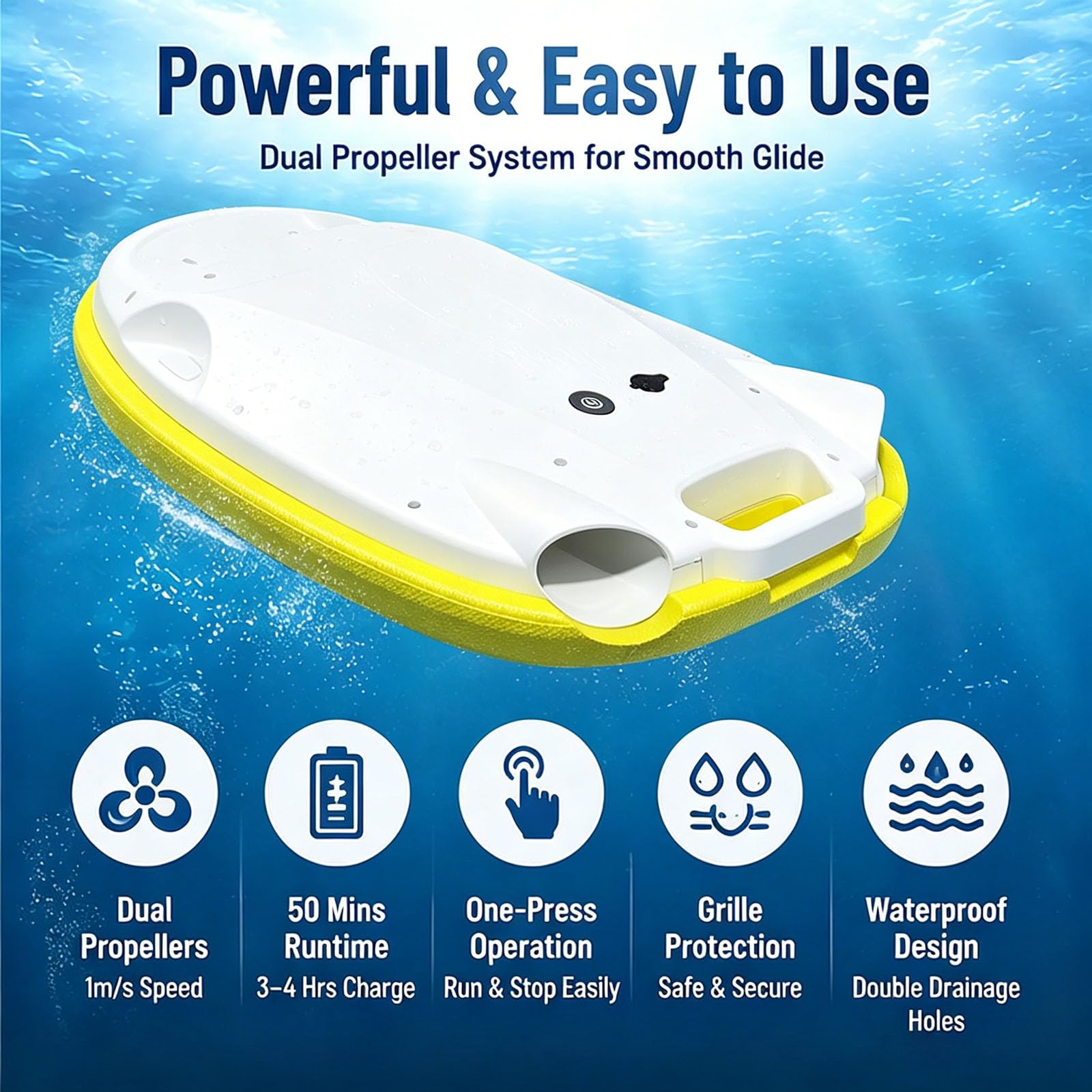 Scooter elettrico subacqueo, galleggiante per piscina motorizzato con capacità di carico di 80 kg e durata della batteria di 50 minuti, per sport acquatici, immersioni, snorkeling