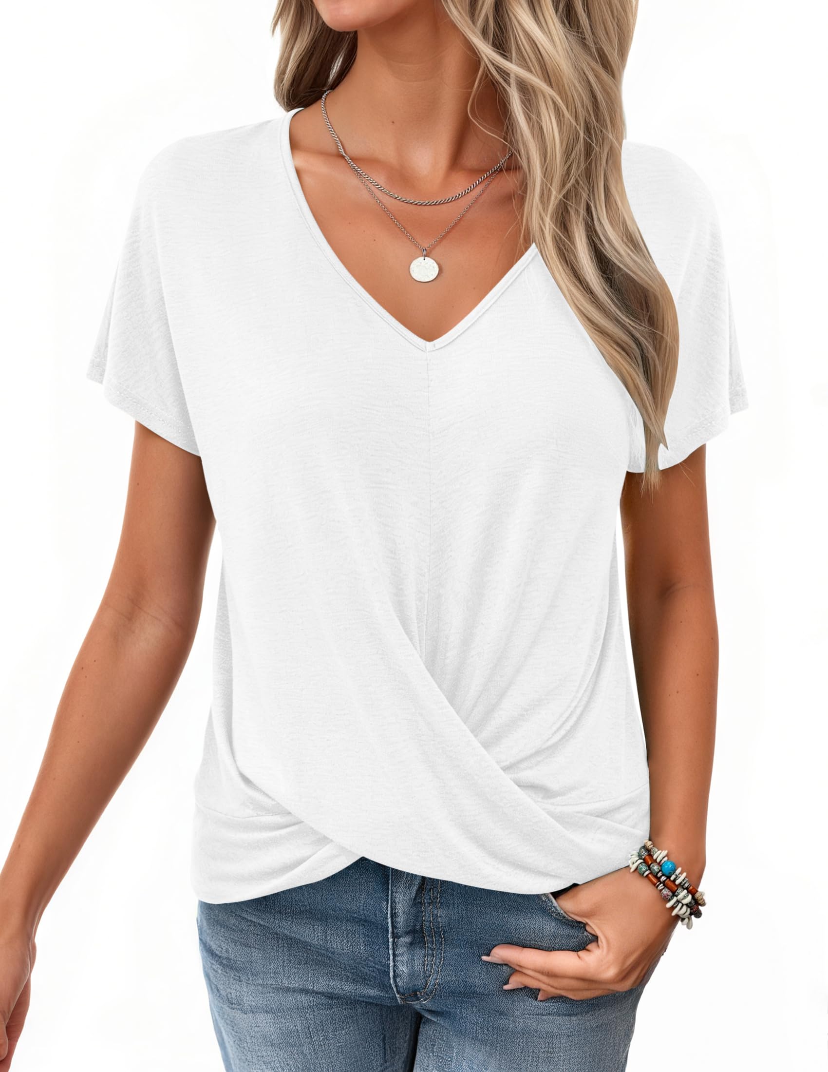 WNEEDU Tshirt Damen Sommer-V Ausschnitt Kurzarm T-Shirt Damen Elegant Twist Front Oberteile Bluse Basic Top lässige