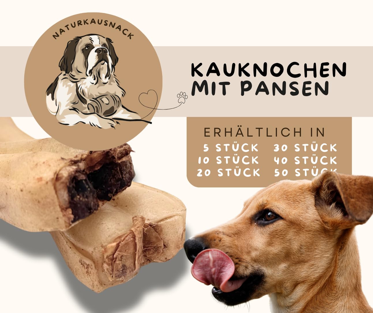 Warnick's Hundesnack Kauknochen mit Pansen 15 cm - 50 Stück | Gepresste Rinderhaut mit Pansenfüllung - Kausnack für Hunde als Leckerli & zur Zahnpflege - Naturbelassen