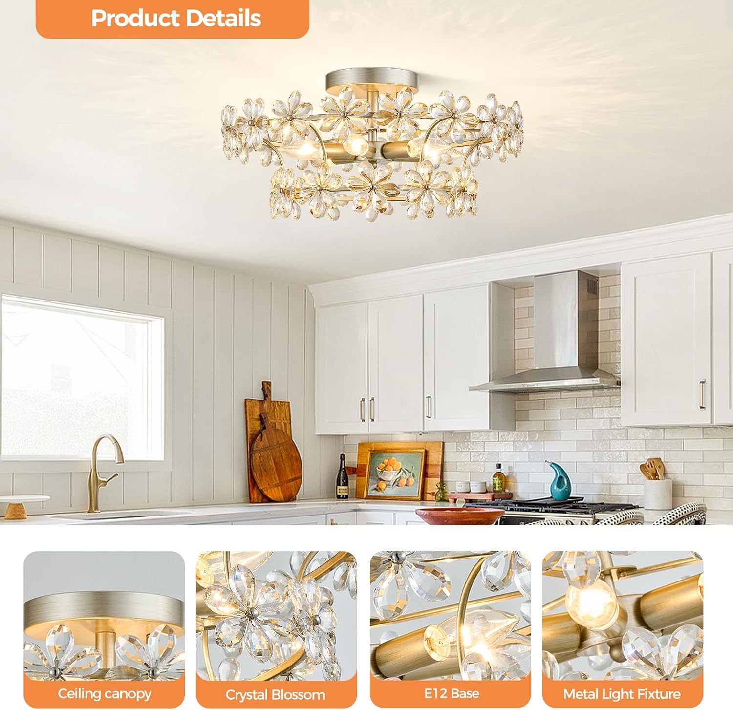 Flower Crystal Chandelier, Modern Floral Semi Flush Mount Ceiling Light, 19.1 Inches 6 Light Dining Room Light Fixtures Over Table, Ceiling Lamp for Bedroom Room, Living Room, Entryway