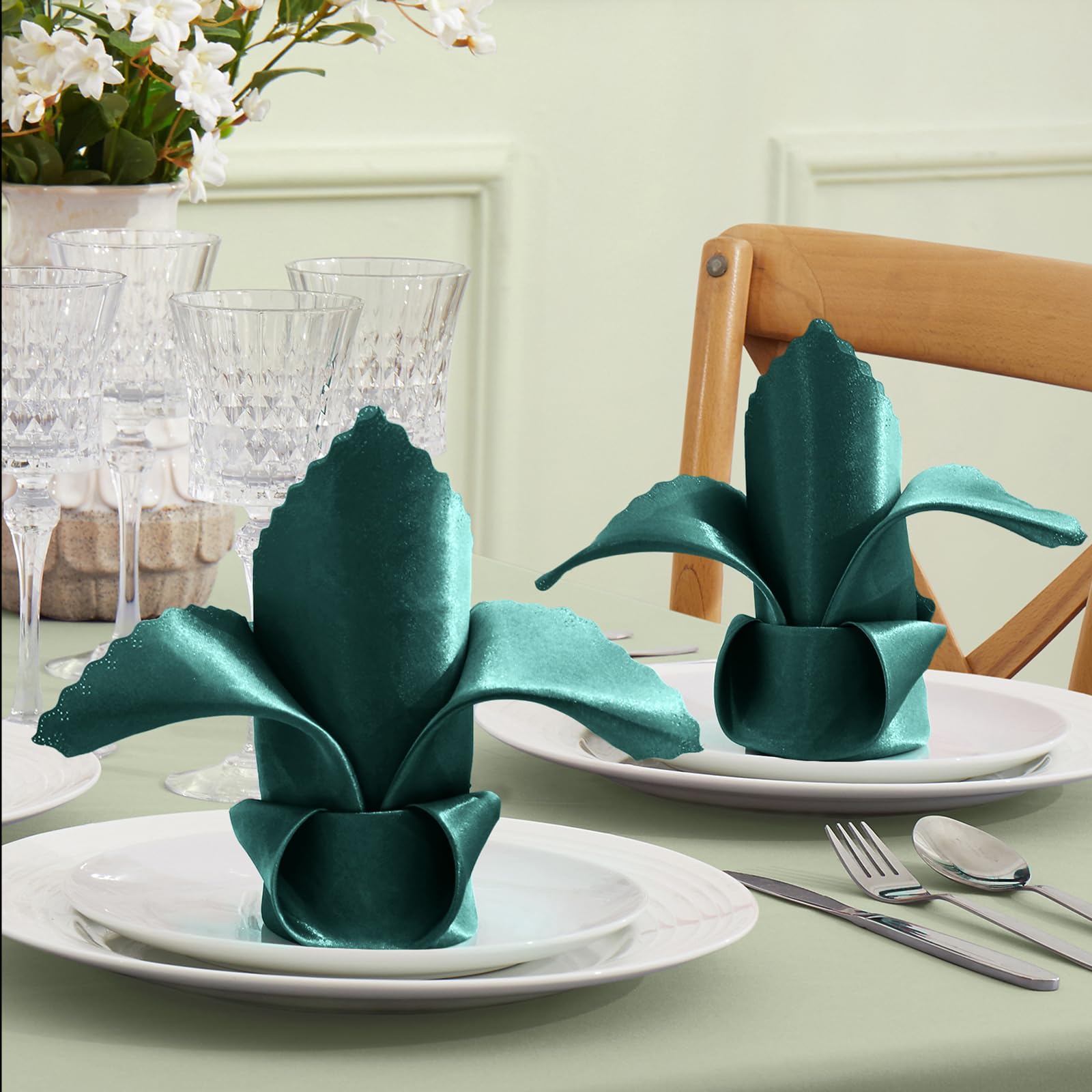 Eychei 30-Pack Dark Green Satin Napkins, 20x20 Inch Scalloped Edge Cloth Napkins For Wedding & Parties - View #6