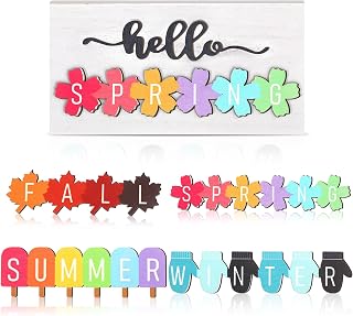 Roowest 5PCS Hello Seasonal Signs Interchangeable Spring Summer Fall Winter Farmhouse Tiered Tray Decor 5.9x3 Inch Wooden Tabletop Centerpiece