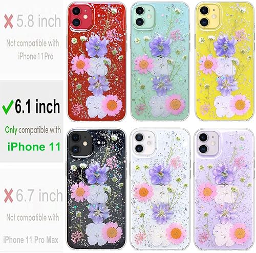 Miniatura 9 de Abbery Diseñada para iPhone 11 - Funda de flores prensadas, bonita y brillante con diseño de silicona suave de poliuretano termoplástico secas,