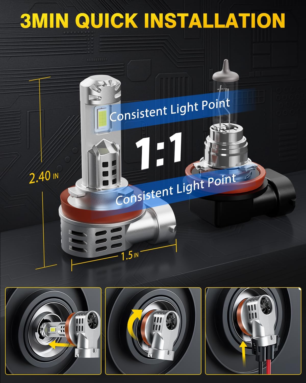 H11 9005 Bulbs Combo, 60000LM 800% Ultra-Brighter Real 1:1 Mini Size 6500K Cool White HB3 High H9 H8 Low Dual Beam Light Kit, Wider Vision Driving Spot Lights Plug-N-Play No Flicker, Pack of 2