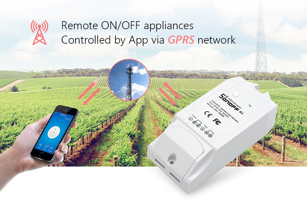 Smartphone displaying eWeLink app controlling a Sonoff G1 switch in an agricultural setting.