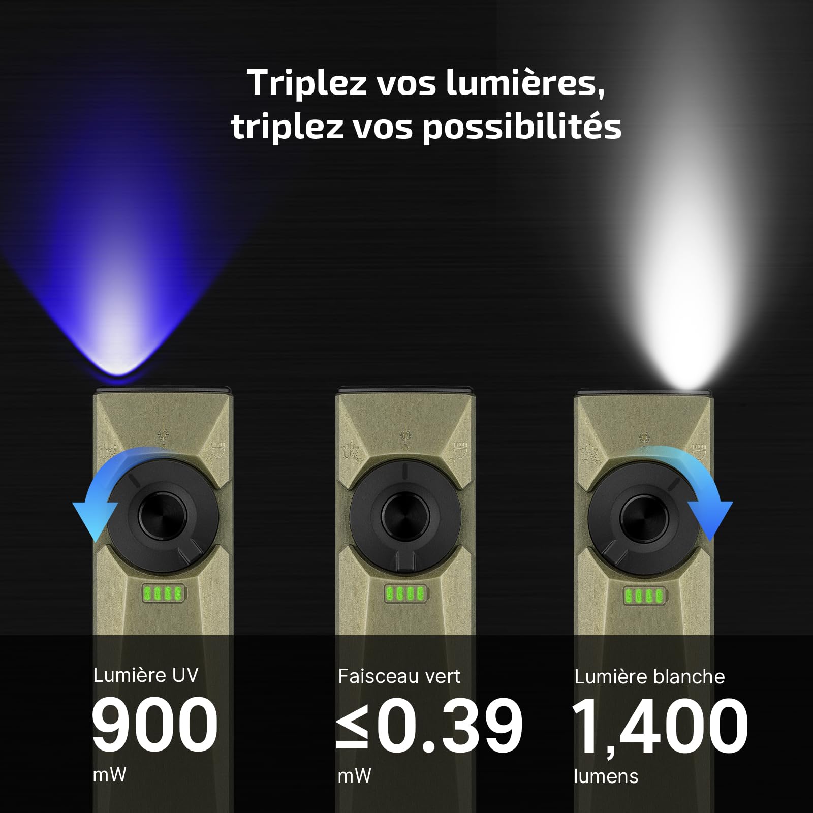 OLIGHT Arkfeld Ultra EDC Lampe Torche Plate 1400 Lumens Lampe de Poche Rechargeable Combinant LED Blanche UV et Faisceau Vert 3 Sources Parfaites pour La Vérification et Le Travail Vert