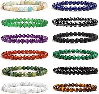 WAINIS 12 Pcs 6mm Gemstone Beaded Bracelets for Men Women Semi-Precious Healing Stretch Round Bead Stone Bracelet Unisex