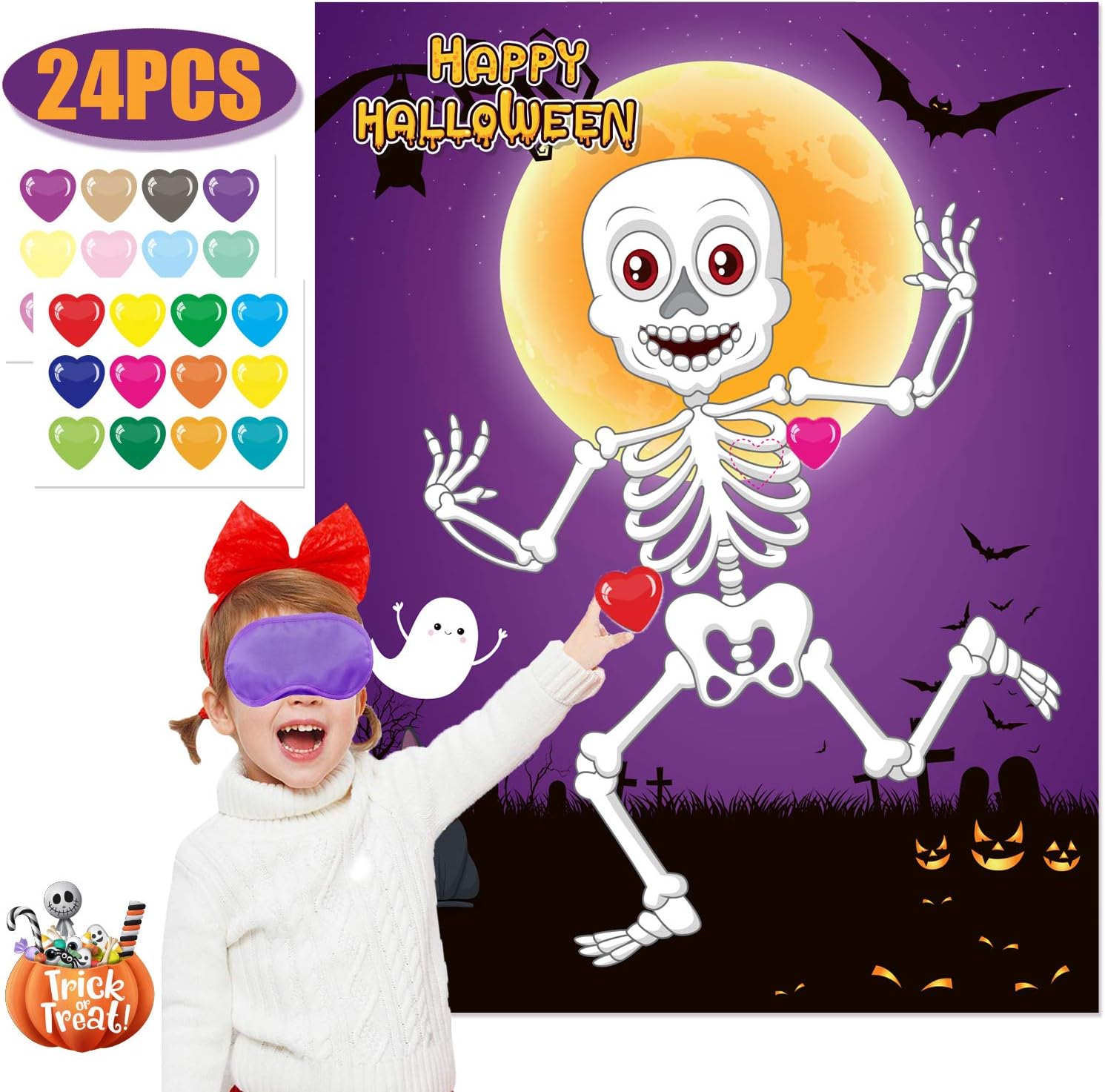 Funnlot Halloween Games for Kids Party Pin The Heart on The Mr.Bones Game Halloween Party Favors Halloween Party Games Activities Halloween Pin The Tail Game