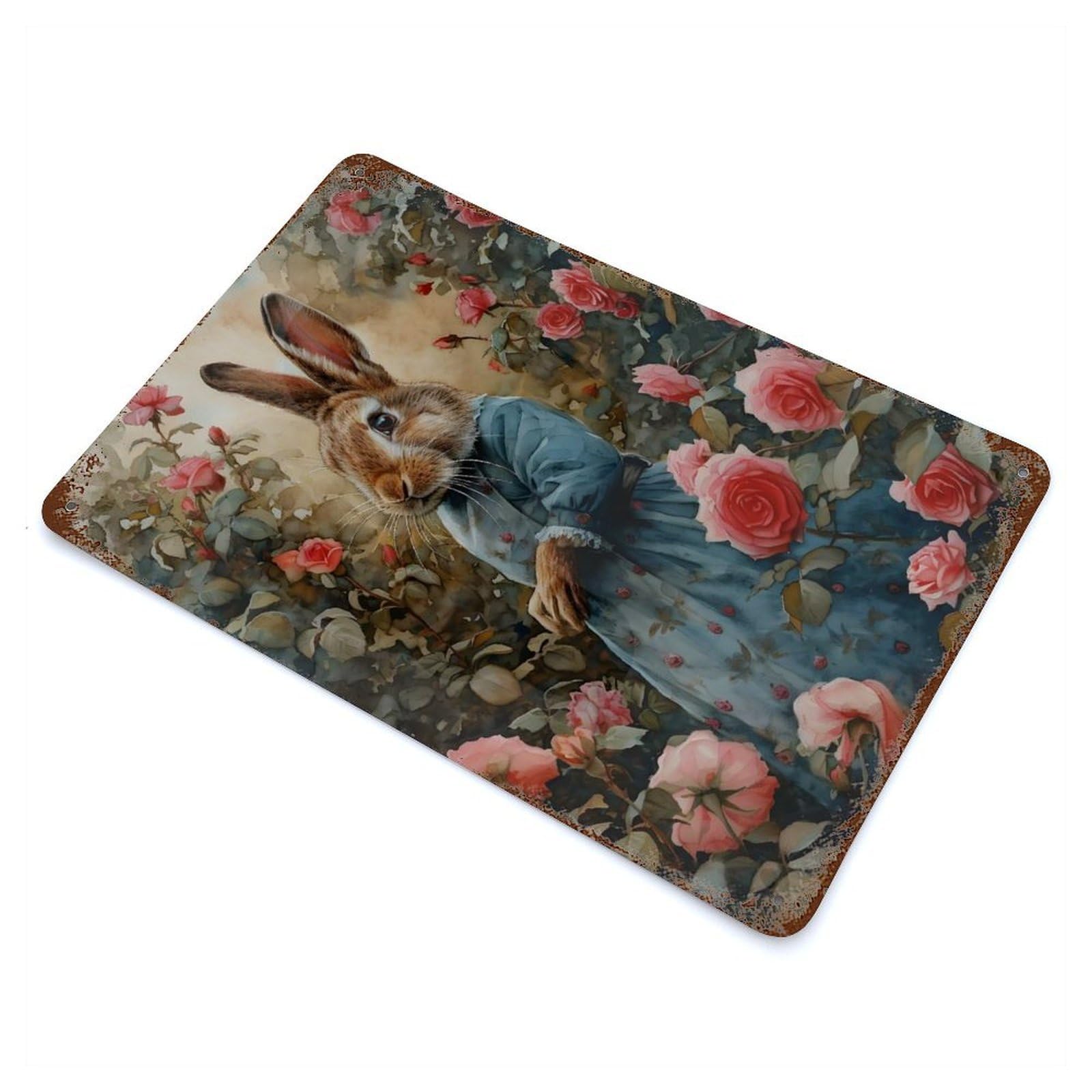 Mrs. Rabbit in A Rose Garden Distressed Metal Wall Sign 11.8"x7.9", Ideal for Garage, Bar And Workshop Decor
