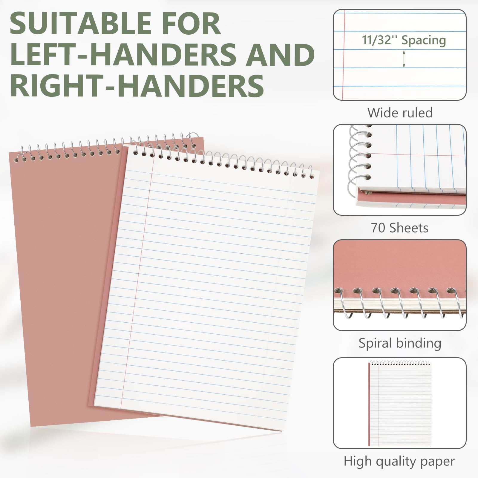 Resurhang Lot de 6 cahiers Steno de bureau à reliure supérieure de 21,6 x 27,9 cm, larges lignes, double face, papier blanc fiable, 70 feuilles/bloc de couleurs pastel pour écrire des notes scolaires