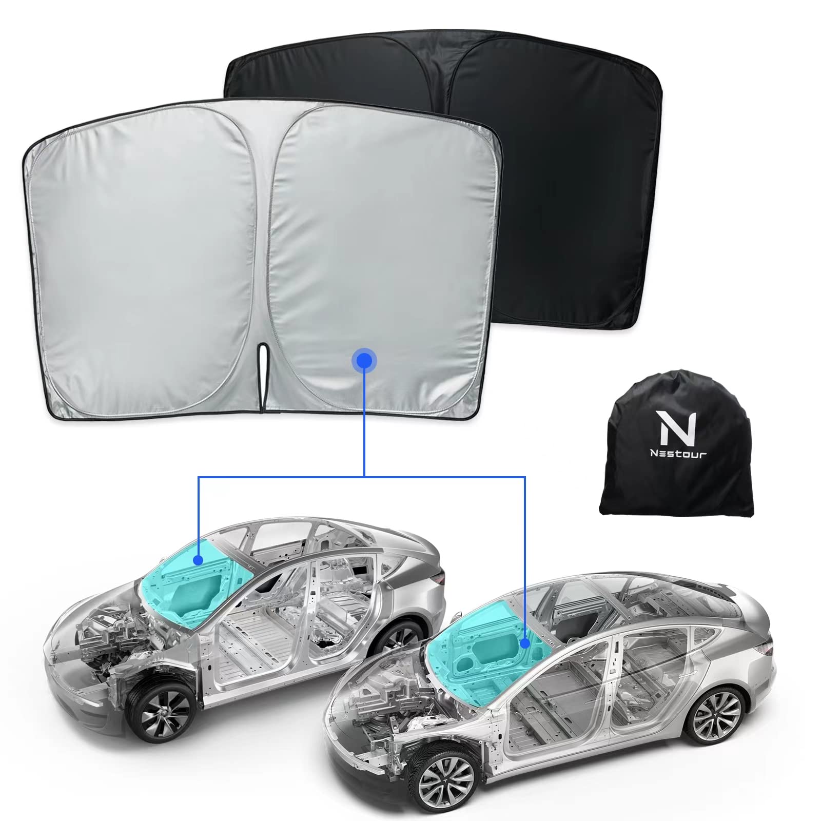 Photo 1 of Nestour Tesla Model 3 Model Y Front Windshield Sunshade, Double-Layer Shade Fabric (1 SINGLE) 