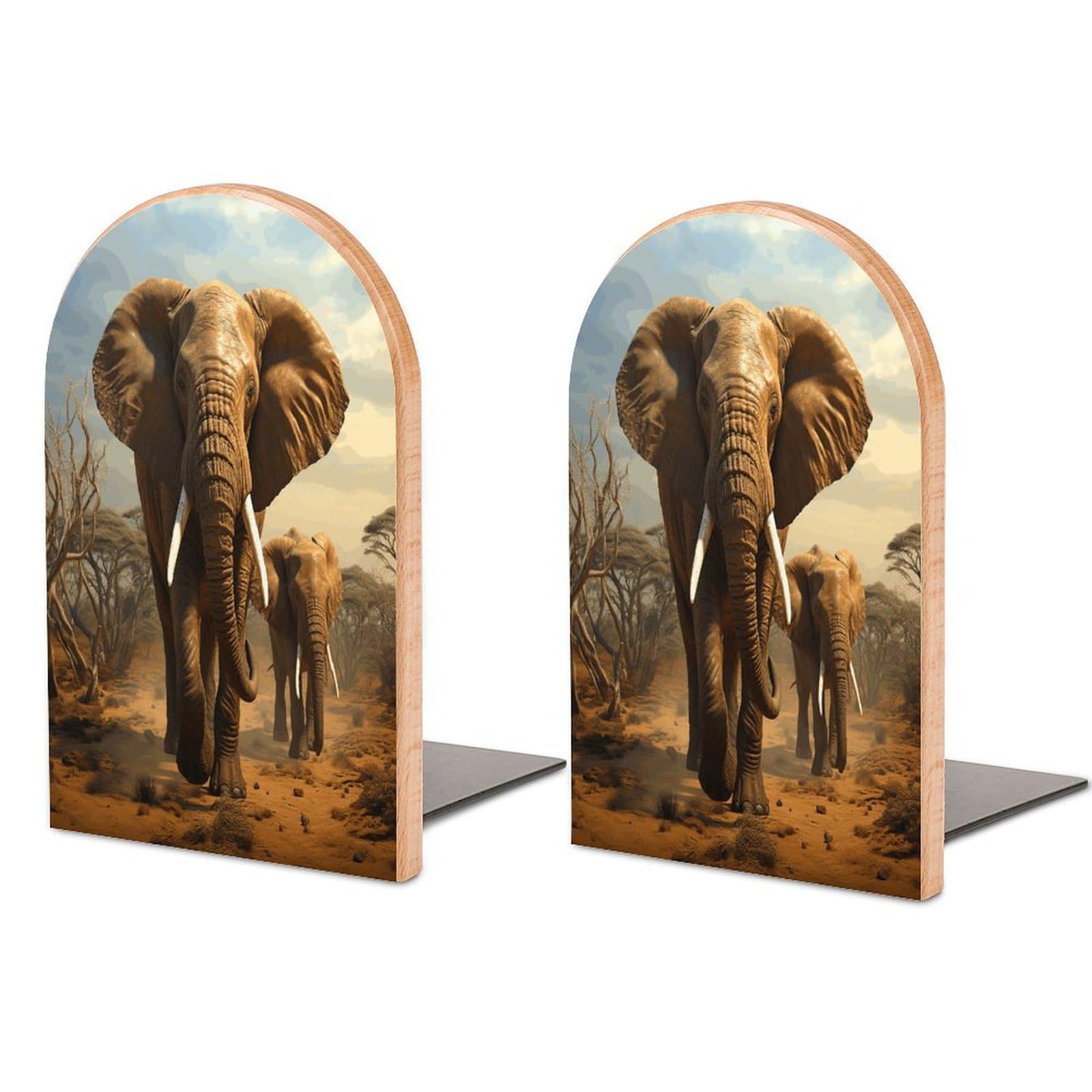 Elephant Animals Bookend Non-Skid Wooden Bookends for Shelves Heavy Duty Wood Book Ends Decorative Book Stopper Book Stand Non-Slip Book Organizer for Home Office Library