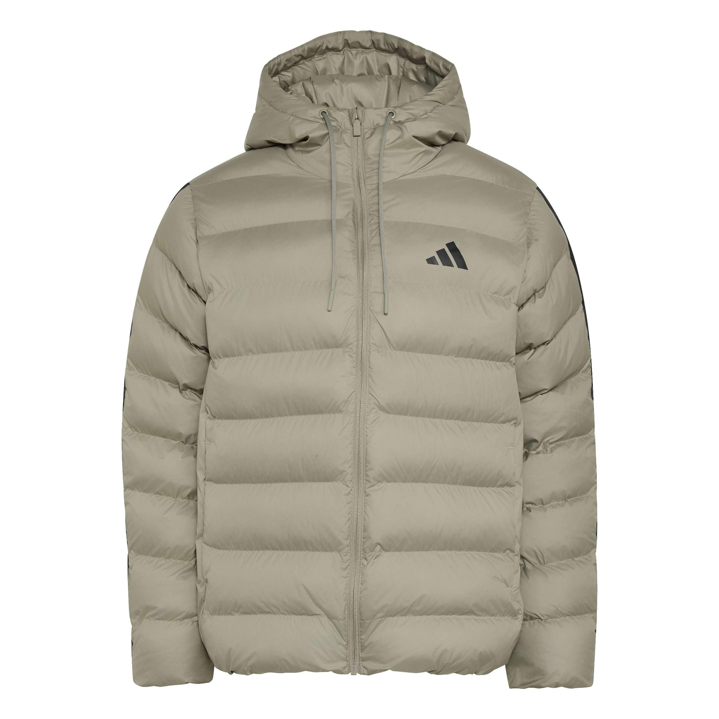 adidas Men's Essentials Climawarm 3 Stripes Synthetic Down Hooded Coat, silver pebble, M