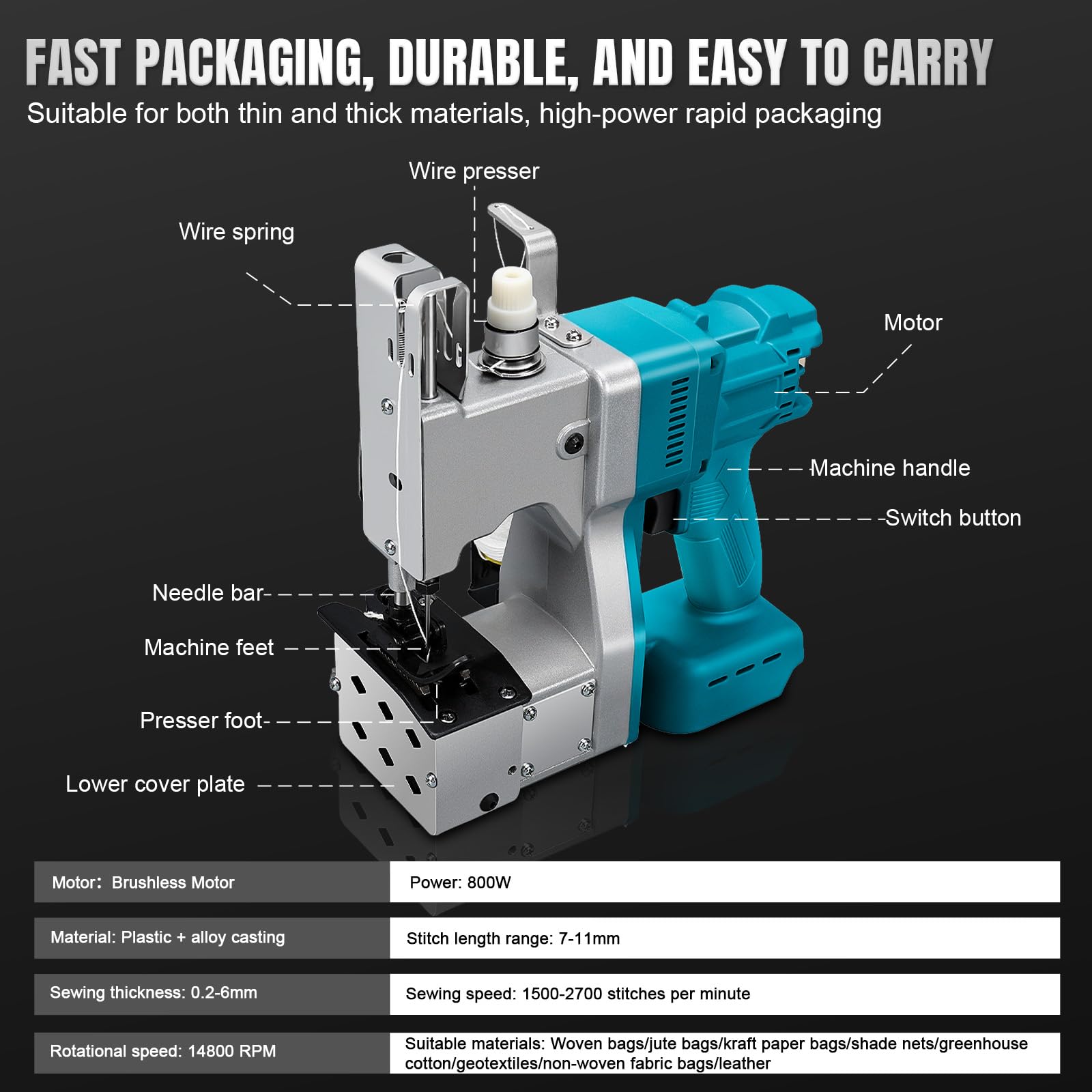 Makita 18 V batería, máquina de coser de bolsillo máquina de coser eléctrica para telas, papel, arena, yute y grano