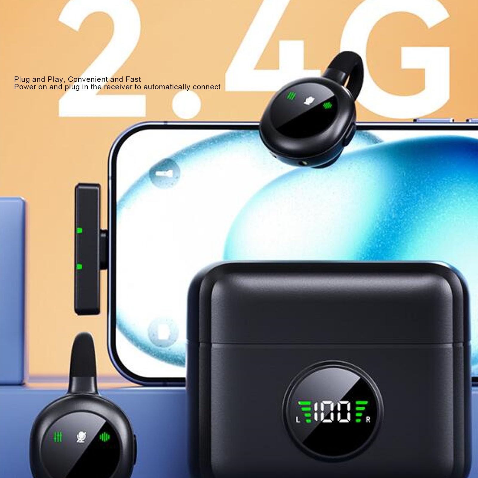 Bnineteenteam Microfono Lavalier Wireless, Microfono con Riduzione Attiva del Rumore con Connessione 2.4G, Ideale per Creatori di Contenuti e Streaming Live