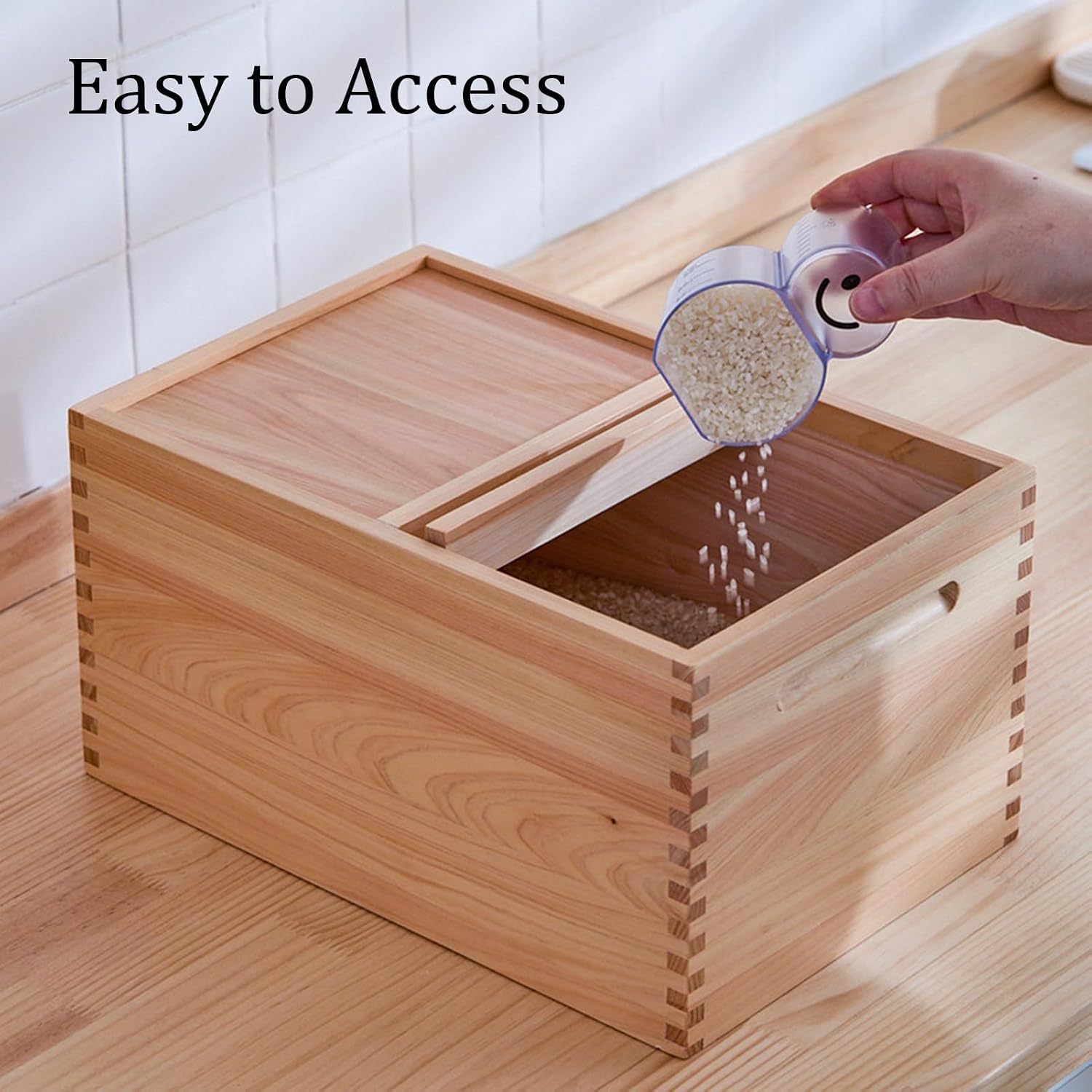 Wooden Rice Storage with Measuring Cup, Grain Container Rice Dispenser, Home Kitchen Wooden Rice Bucket Set for Rice, Cereal, Flour, Dry Food(Capacity: 5 kg)