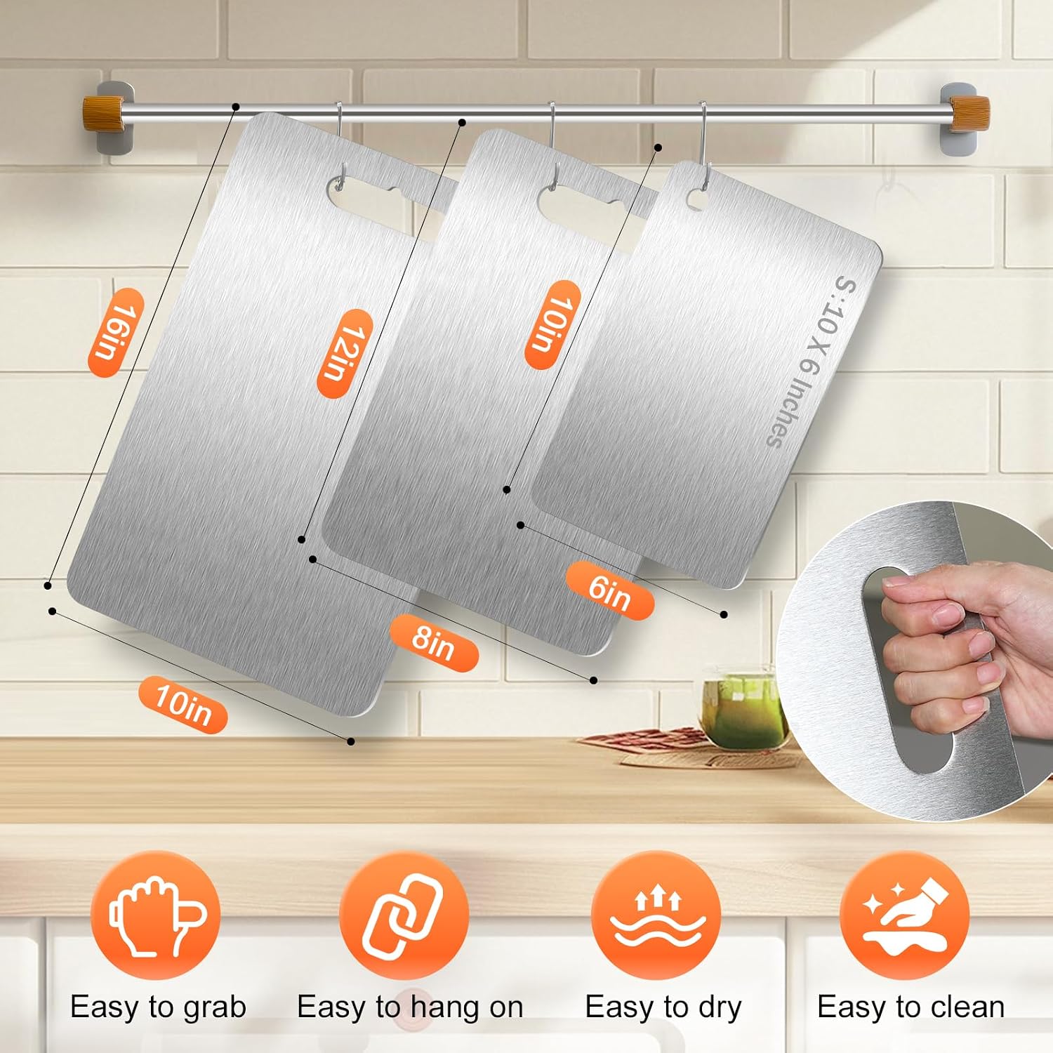 ZPUFAW 3Pcs Cutting Boards for Kitchen 304 Food Grade Stainless Steel, Large-Small Titanium Cutting Board for Cutting Fruit, Meat, Fish, Vegetables, Easy Grip Handle Easy Cleaning Dishwasher Safe