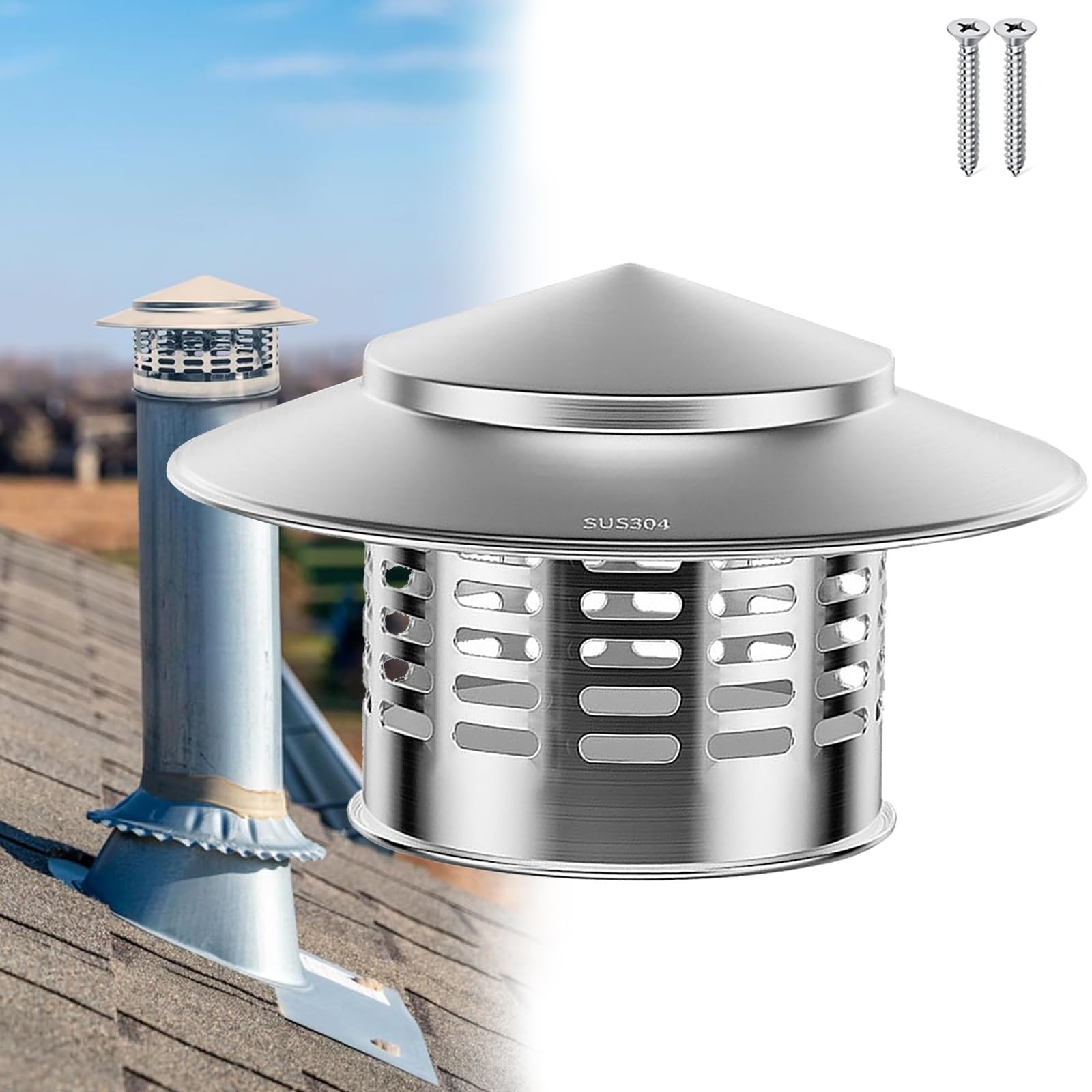 OYSKGNCMW Round Chimney Cap 304 Stainless Steel Chimney Cowl Weather-Proof Tapered Top Chimney Caps for Outside Fireplace Furnace Flue Exhaust Vent Chimney Cover with Grille Roof Cap(220mm/8.6in)