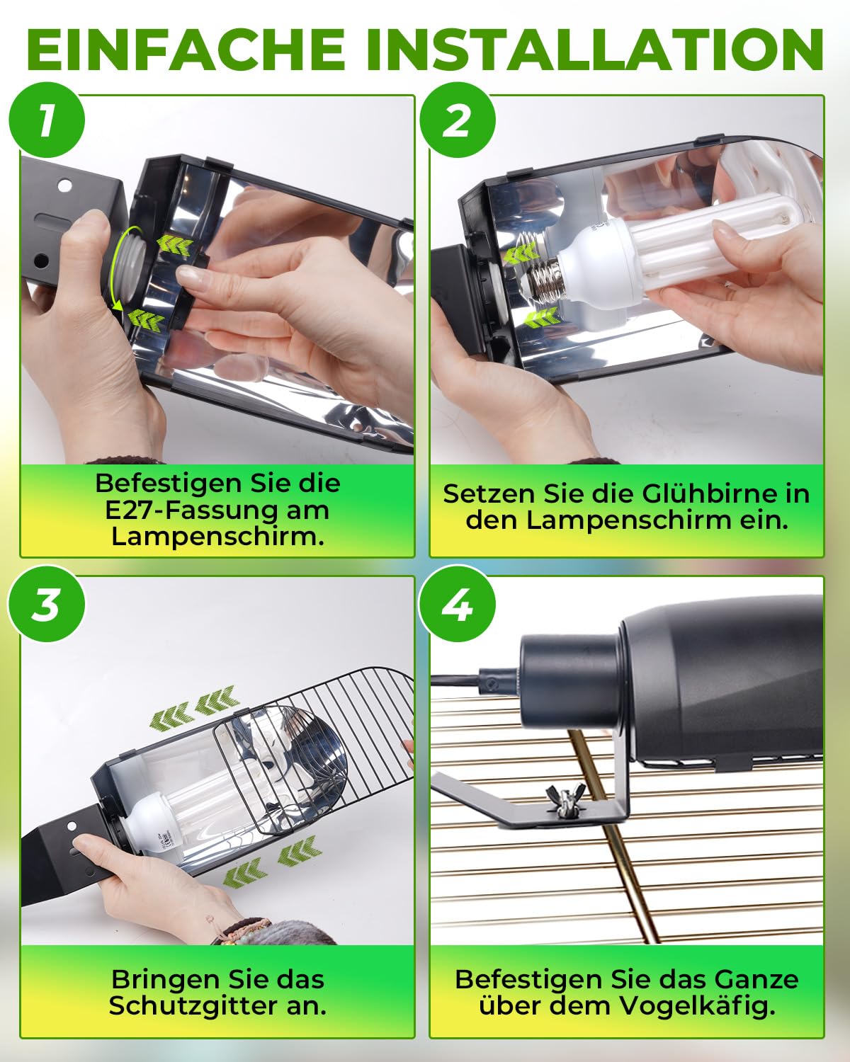 GlowUp UVB 2.4 Vogellampe Kombi-Set, tiefe U-förmige Lampenfassung mit 20W UVB Vogellampe E27 für Vögel