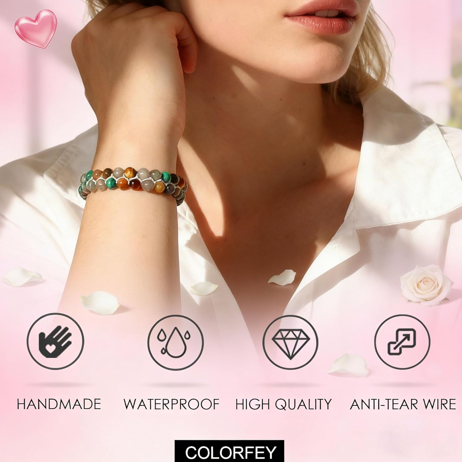 Healing Crystal Beaded Bracelet for Women Men, Handmade Bead Natural Tiger Eye Amethystal Malachite Stone Double Layer Bracelets 6mm, Adjustable Bracelets Valentine’s Day Gift for Her - Image 6