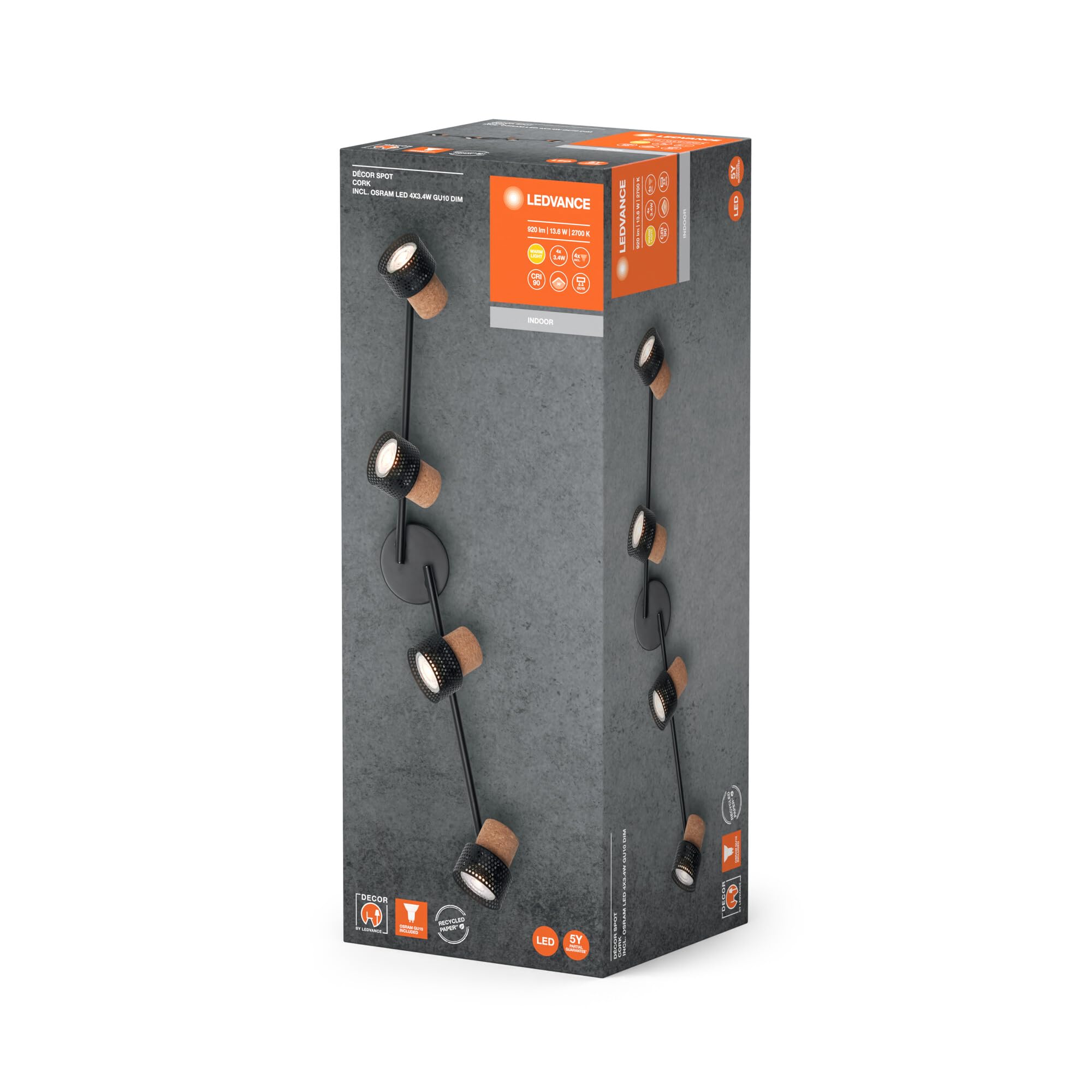 LEDVANCE DECOR SPOT CORK, 4 x 3,4W, 920lm, negro, foco, cabezales