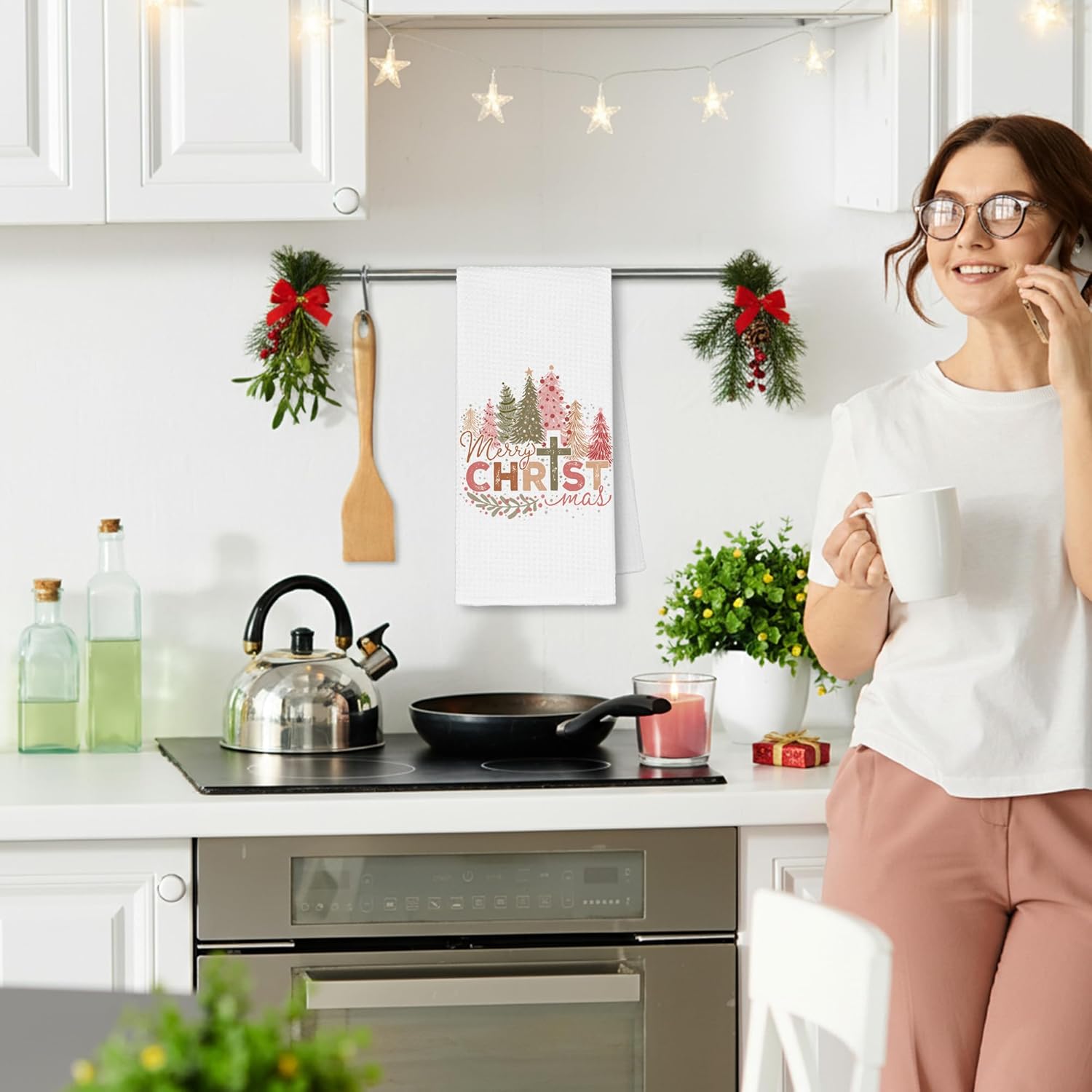 Christmas Christian Tree Kitchen Towels, Pink Hand Towels Decor for Bathroom Prayer Room, Religious Dish Towel Gifts, Rustic Tea Bar Waffle Towel for Dorm Holiday Home 16x24in - Image 4