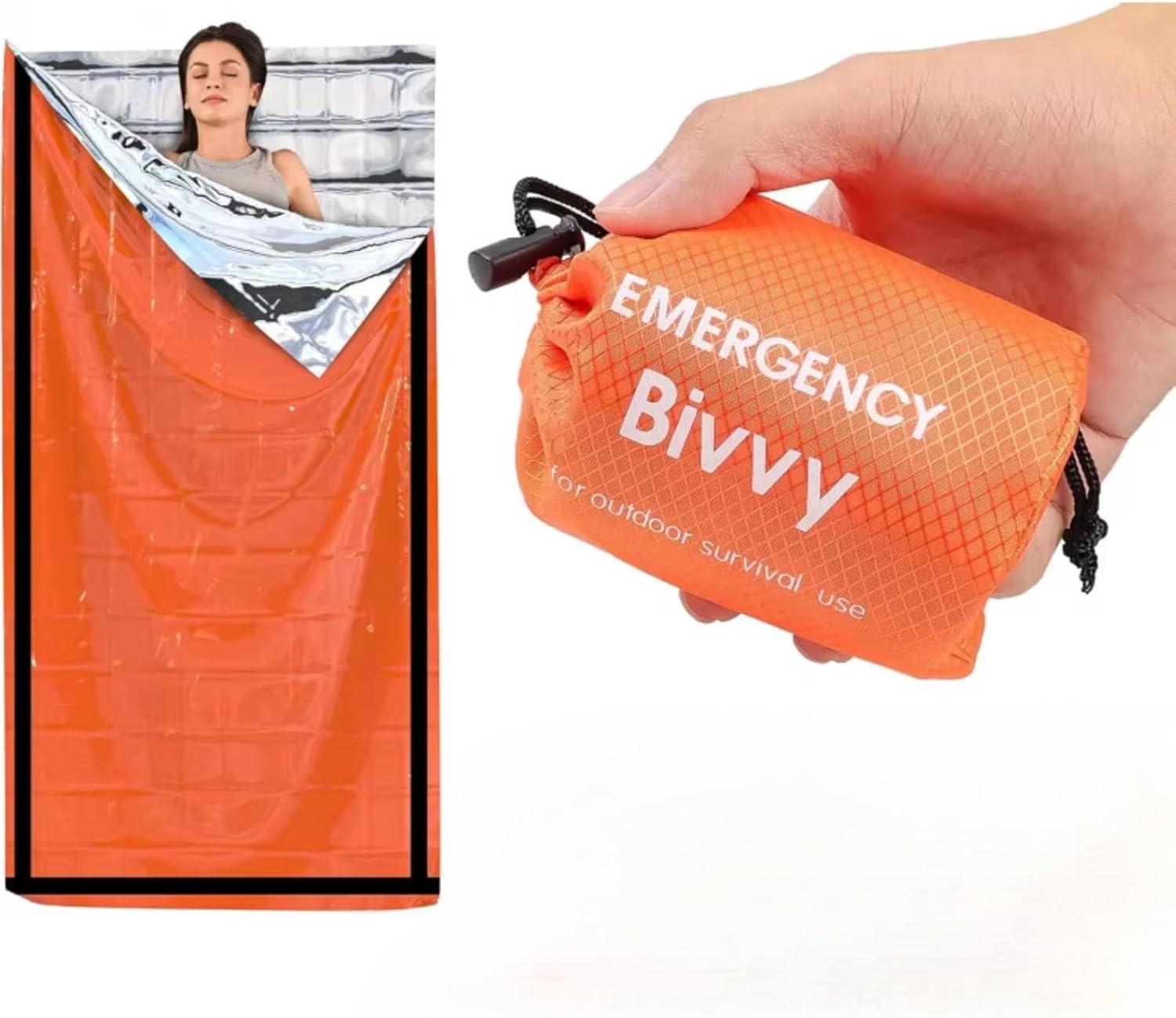 Emergency Thermal Sleeping Bag Kit with Drawstring Storage Pouch & Survival Whistle, Waterproof Compact Blankets Survival Gear for Car Emergency, Camping & Hiking-Orange