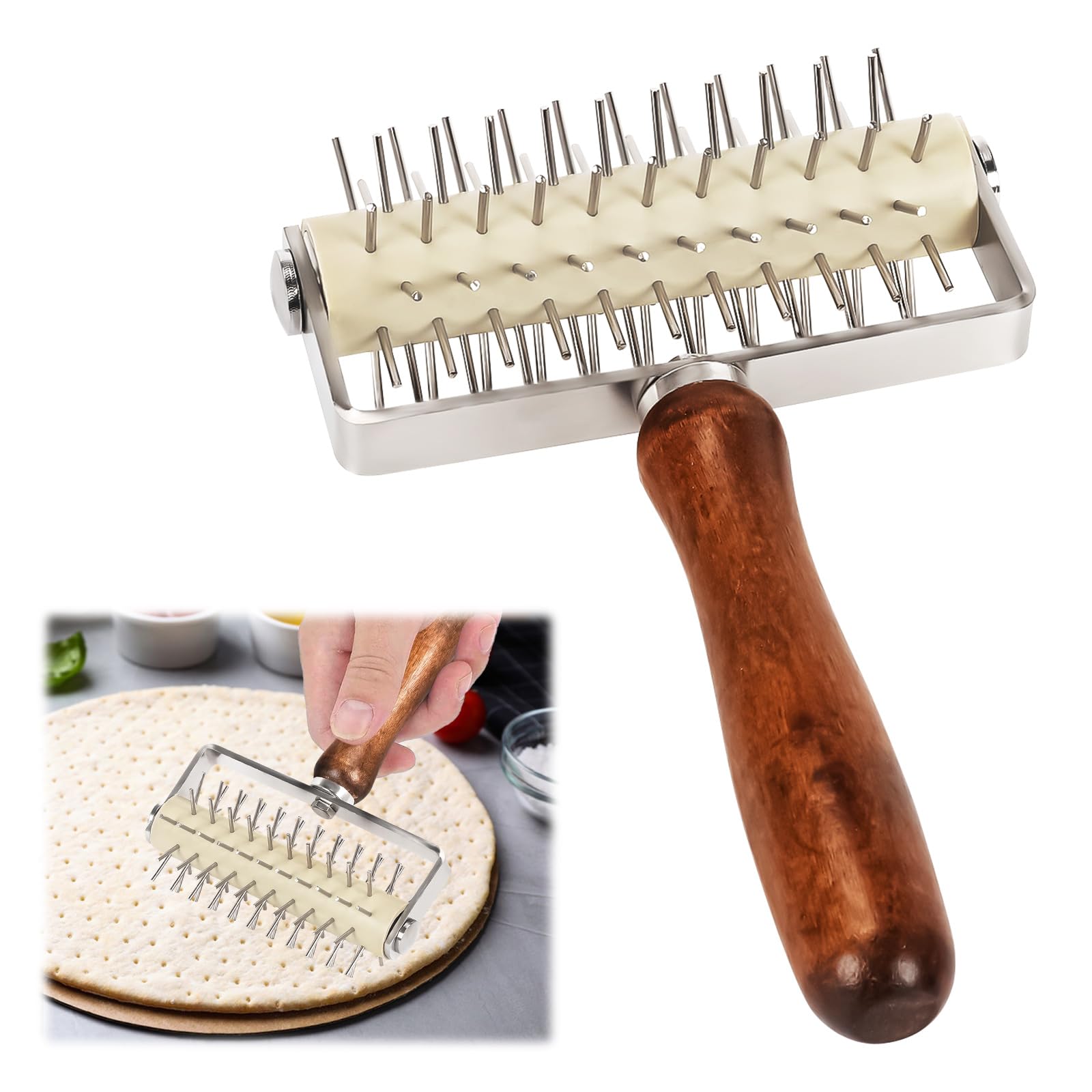 Rullo per Pizza Impasto, Rullo per pizza con punte in Acciaio Enox, Buca Impasto e Pizza, Rullo Bucasfoglia per Pasta, Manico in Legno in Acciaio inox, Domestico Cottura Pasticceria Strumenti