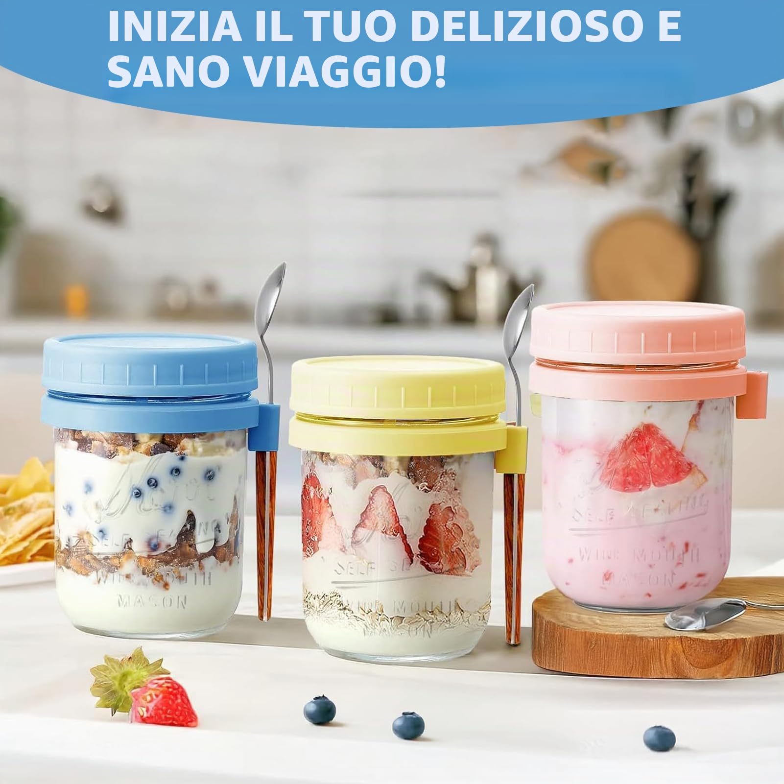 4 Pezzi Barattoli per Avena con Coperchi e Cucchiai, 480 ml Overnight Oats Jars Meal Prep Contenitori Cucina Contenitore Vetro per Yogurt Marmellata Insalate Frutta Fagioli