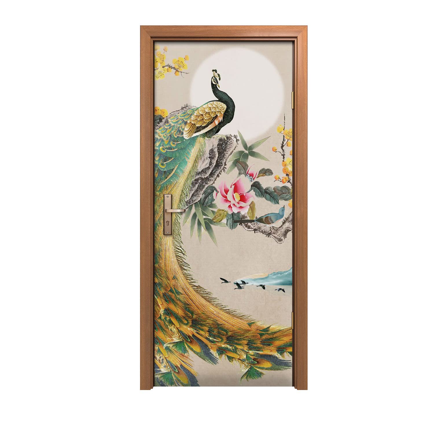 Autocollant de porte pour masquer les imperfections fleurs de montagnes paon 90x200