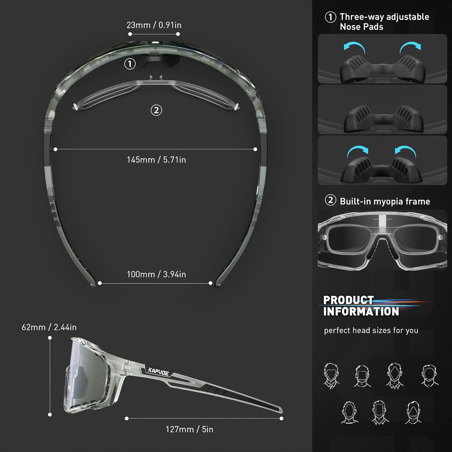 KAPVOE Photochromic Cycling Glasses for Men Women Sports Sunglasses Frame Discoloration HD Bike Glasses K76 - Image 5